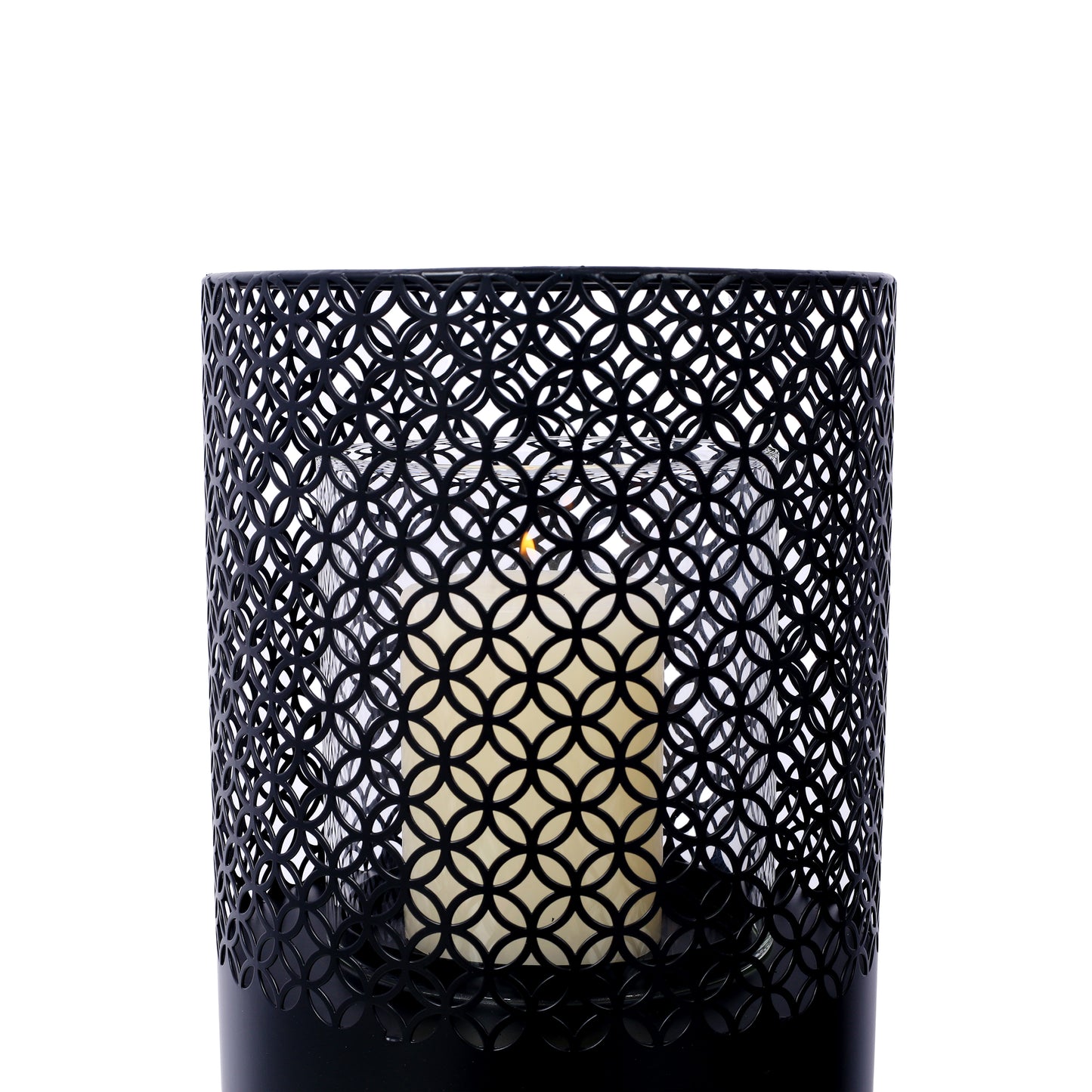 Black metal lantern with intricate geometric pattern and cream candle inside