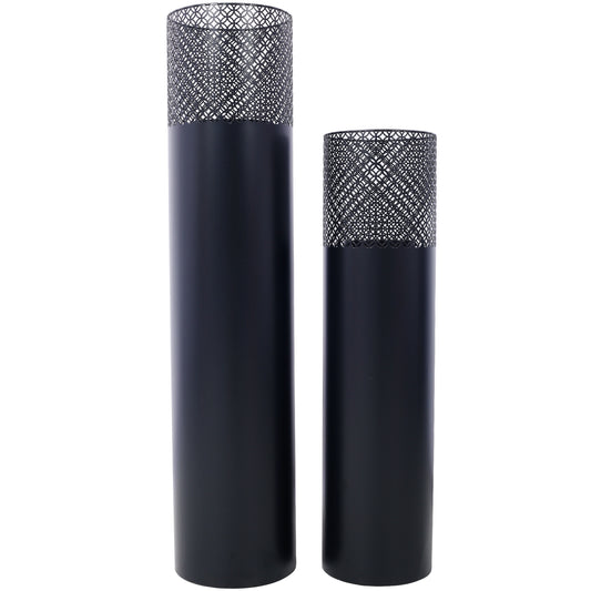 Two tall matte black cylinder vases with decorative openwork metal tops