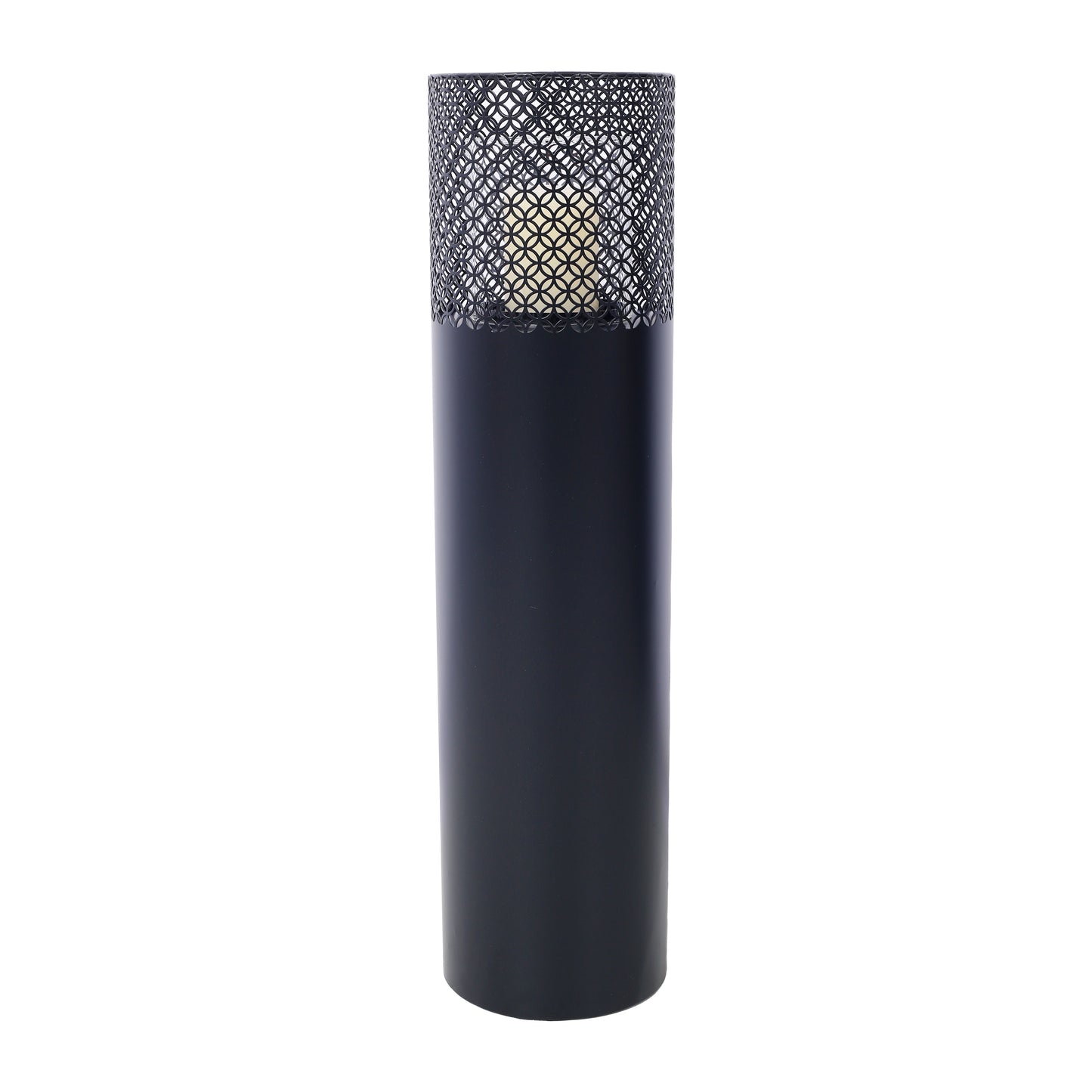 Black metal cylinder lantern with decorative geometric cutout shade