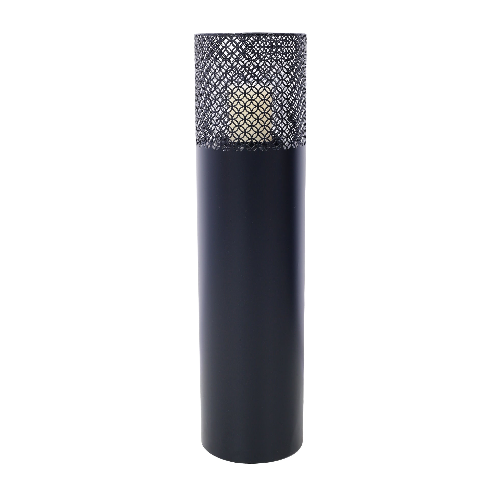 Black metal cylinder lantern with decorative geometric cutout shade