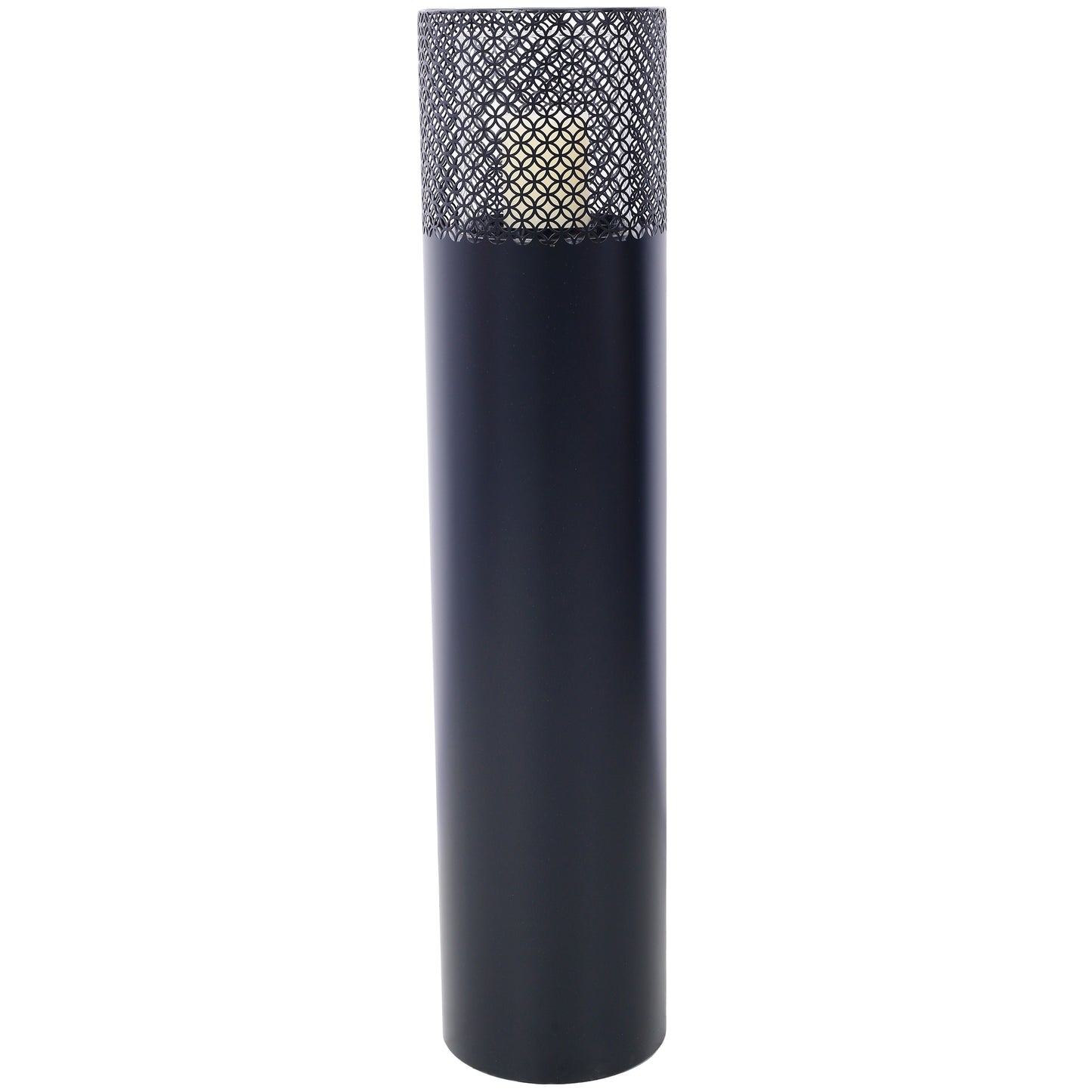 Tall black metal lantern with intricate openwork top and faux candle inside