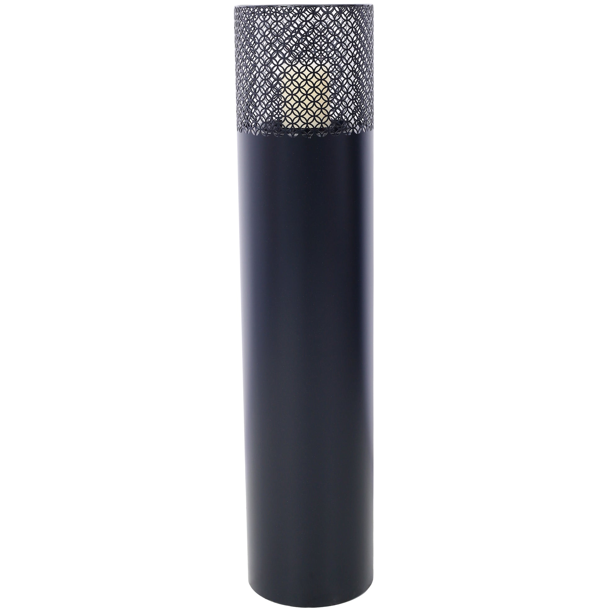 Tall black metal lantern with intricate openwork top and faux candle inside