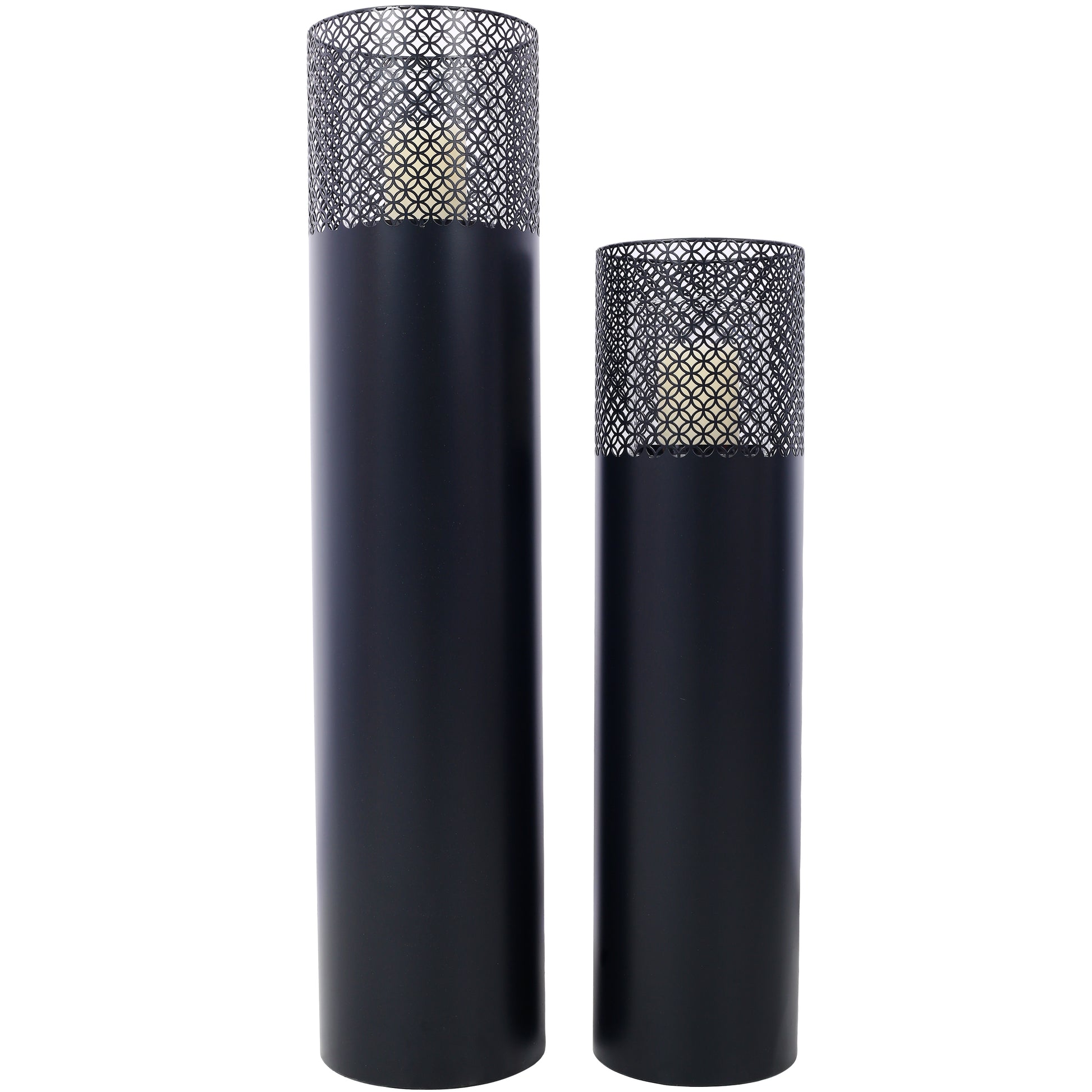 Tall black metal lantern with cutout geometric pattern