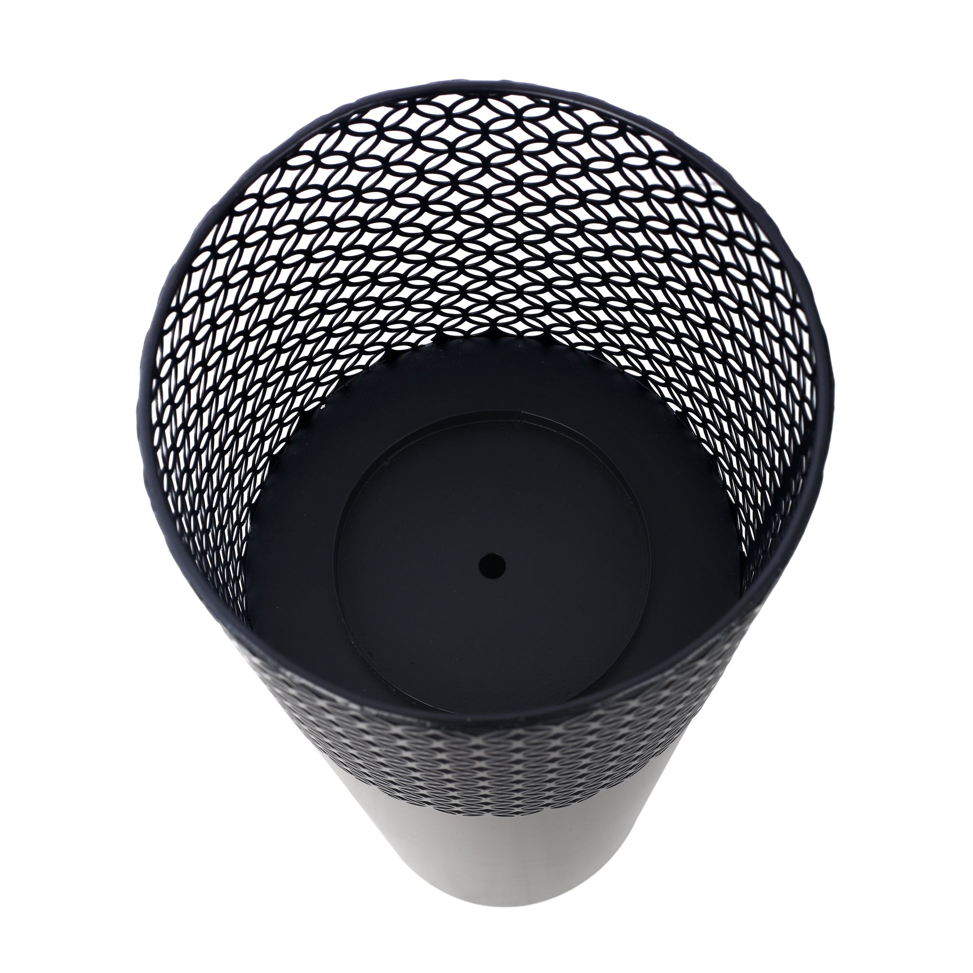 Black metal desk organizer with open geometric pattern