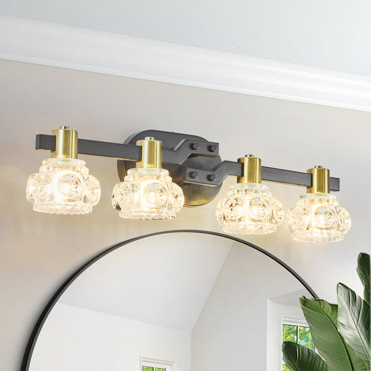 Fourlight industrial vanity light with brushed nickel finish and clear seeded glass shades