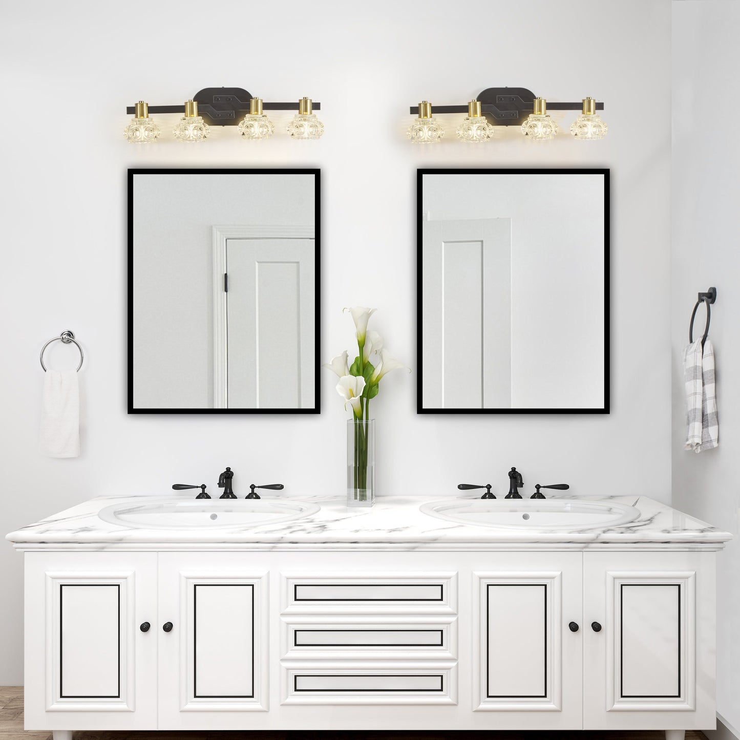 Fourlight vanity light with crystal glass shades and matte black finish