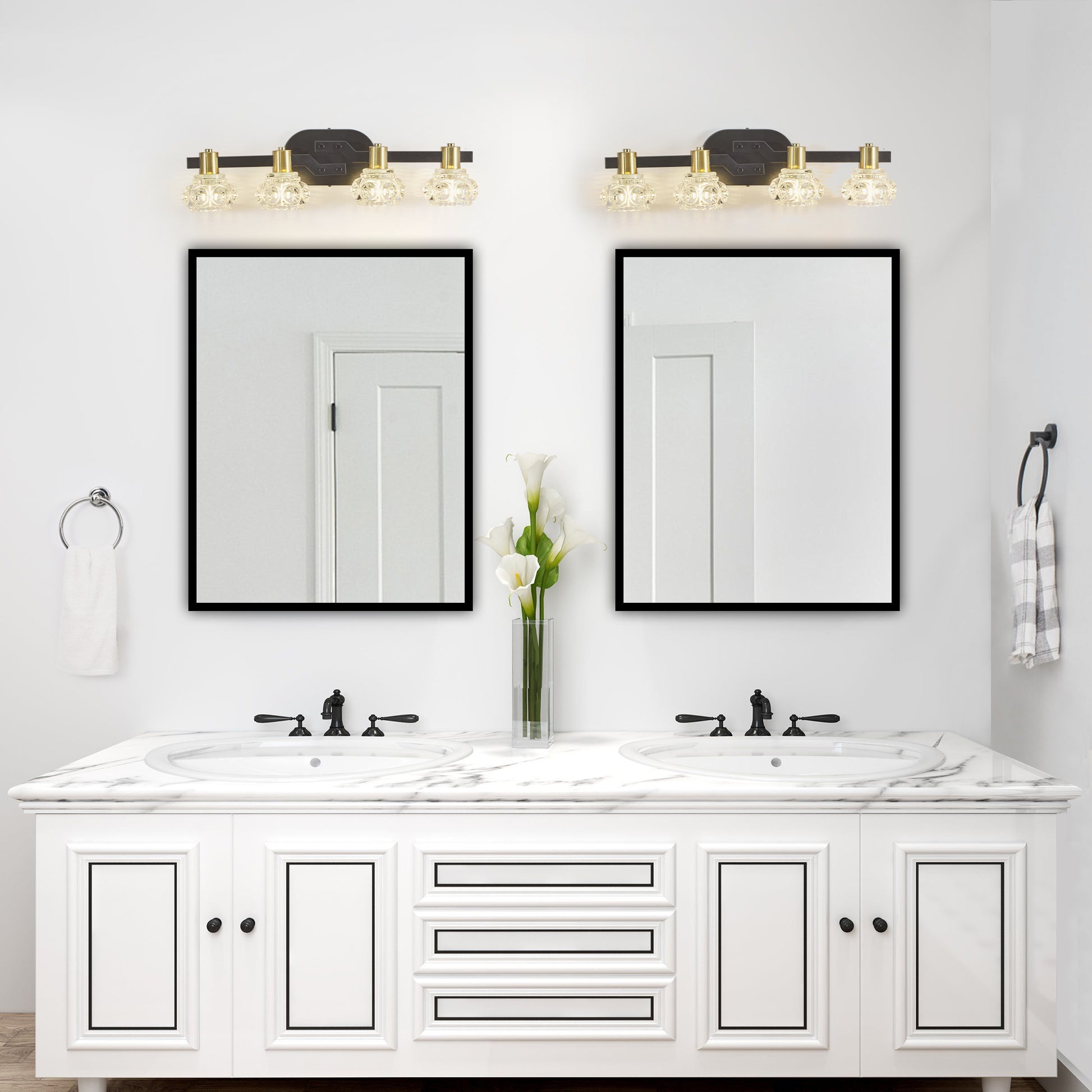 Fourlight vanity light with crystal glass shades and matte black finish