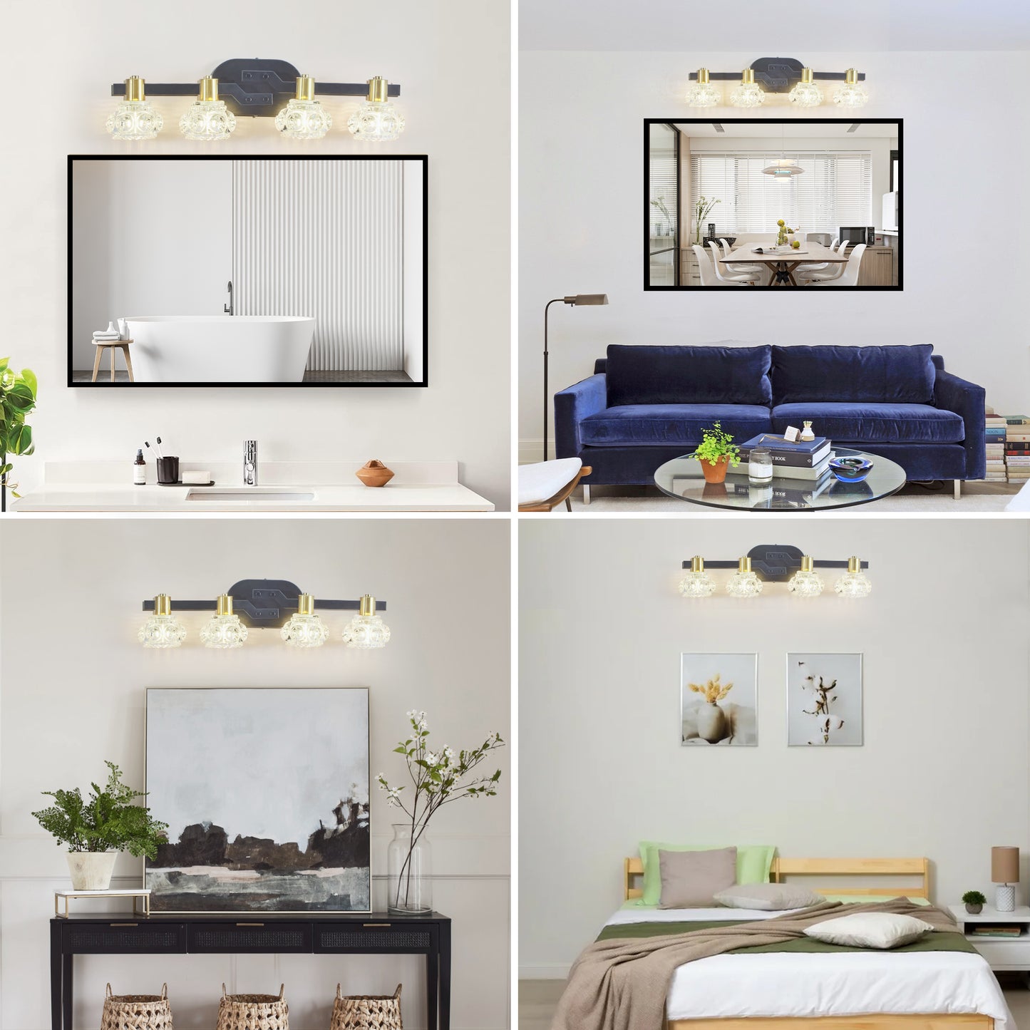 Fourlight modern vanity light with clear glass globes and gold accents above a bathroom vanity