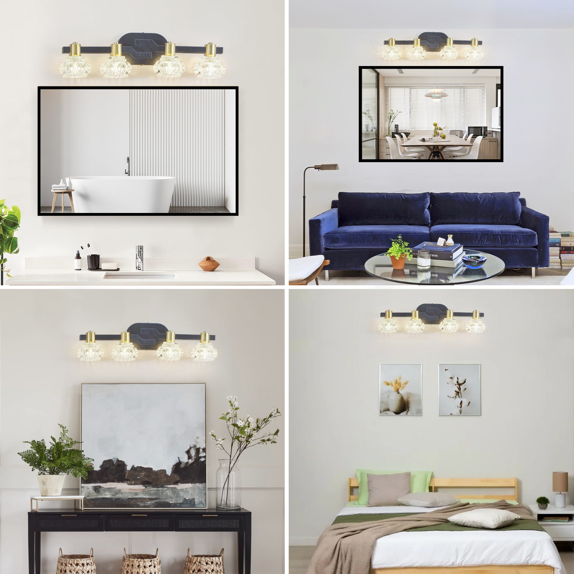 Fourlight modern vanity light with clear glass globes and gold accents above a bathroom vanity