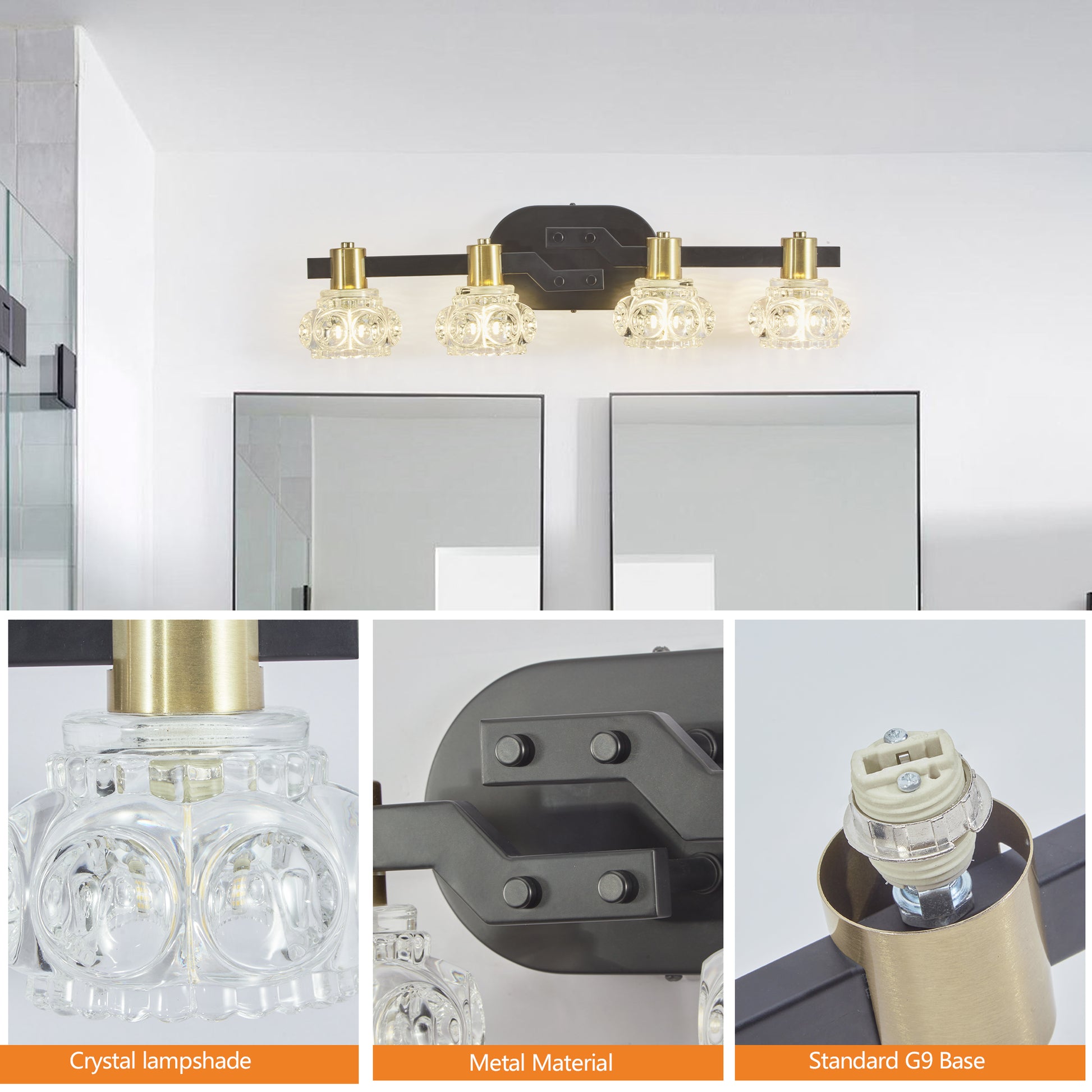 Fourlight matte black vanity light with crystal glass shades and brass accents
