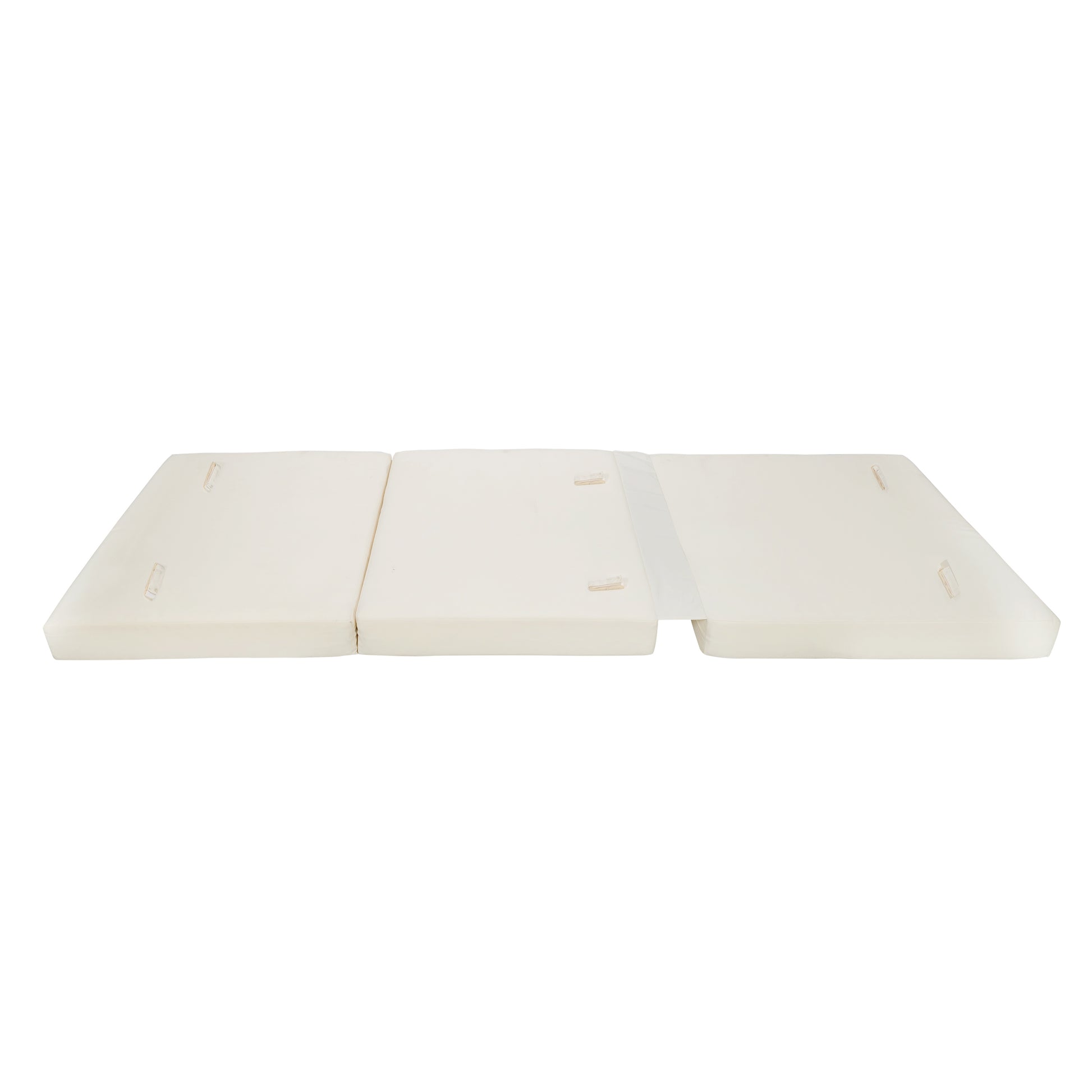 Threepanel white foam mattress with clear connecting tape for portable sleeping solutions