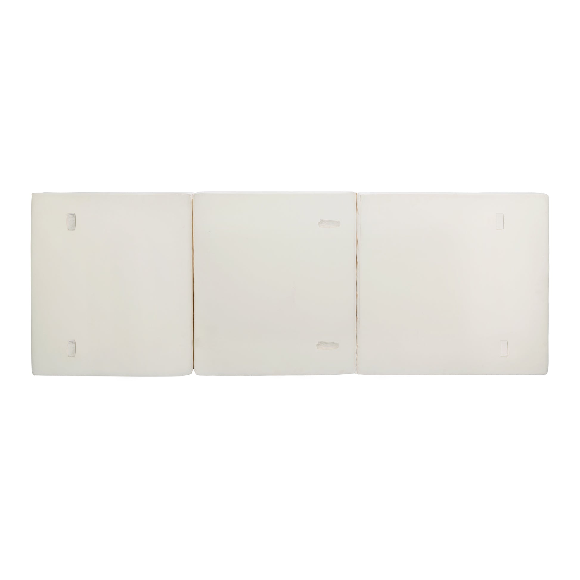Three white modular ottoman cubes with textured fabric and discreet connector tabs for versatile arrangement