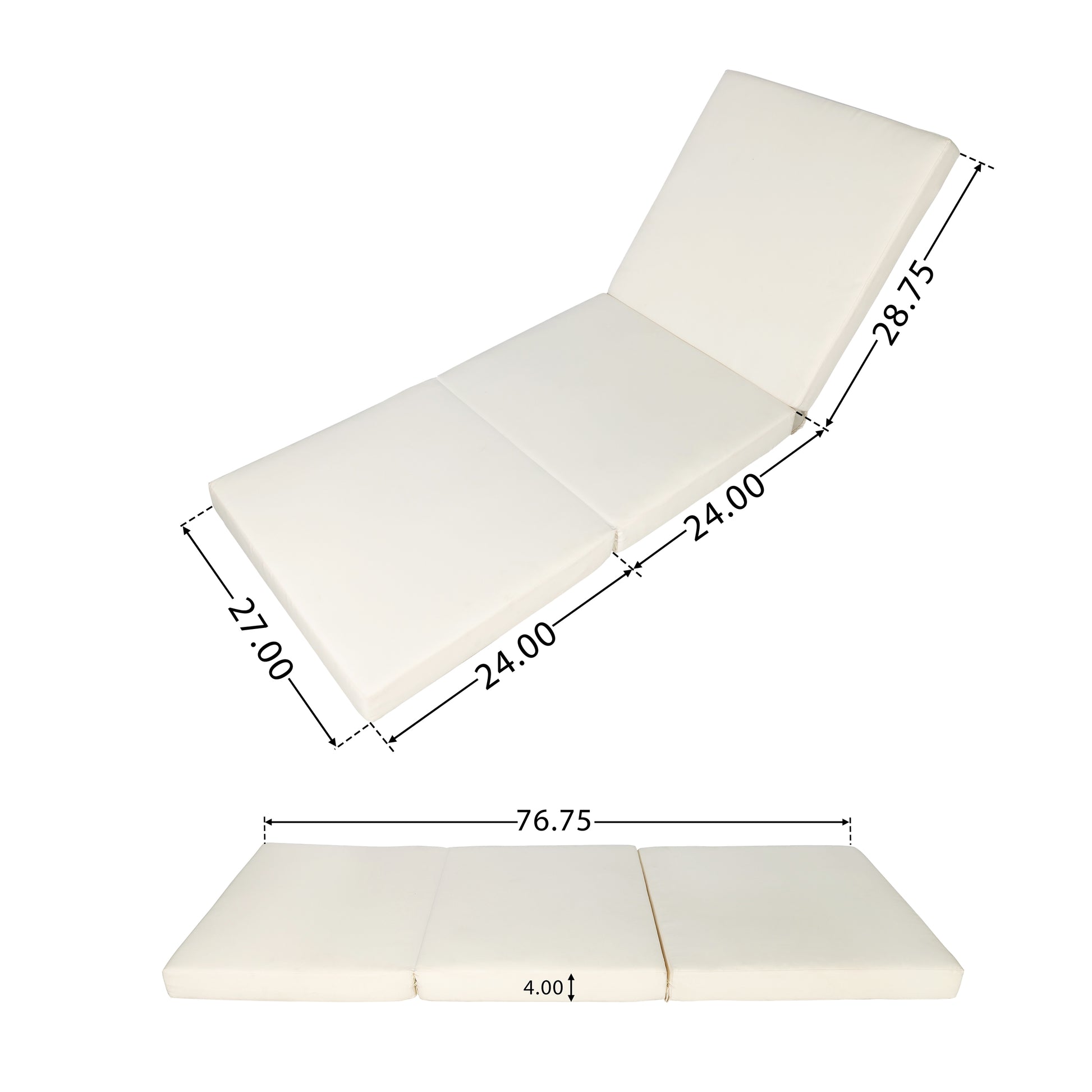 White trifold chaise lounge cushion with plush padding and supportive construction