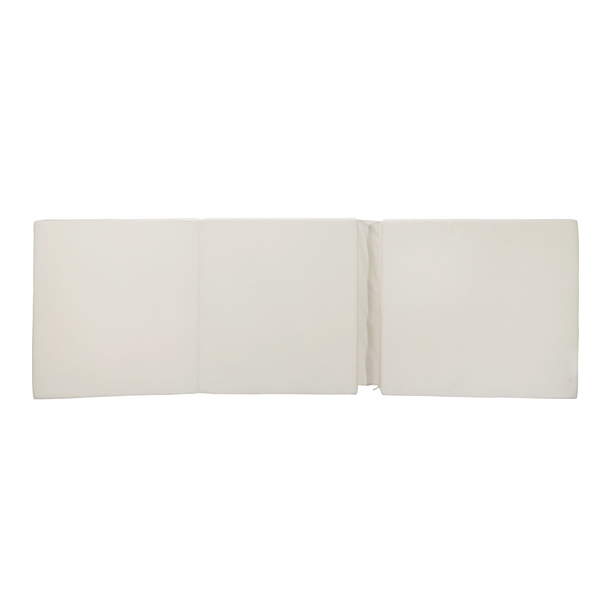 Offwhite cushioned bench with three connected sections perfect for entryway seating