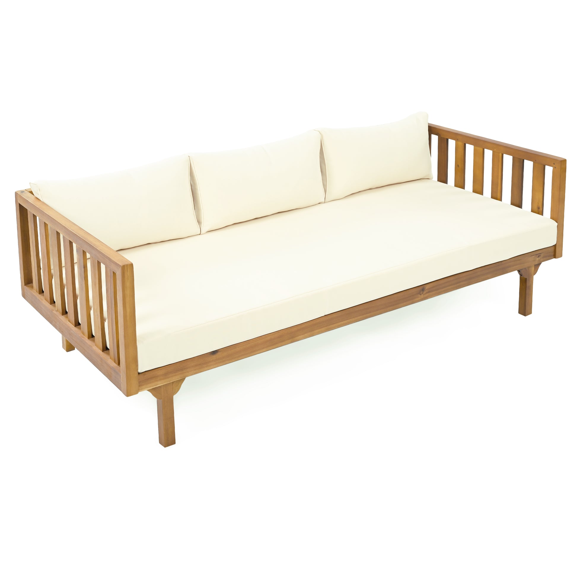 Wooden outdoor daybed with beige cushions ideal for patios and gardens