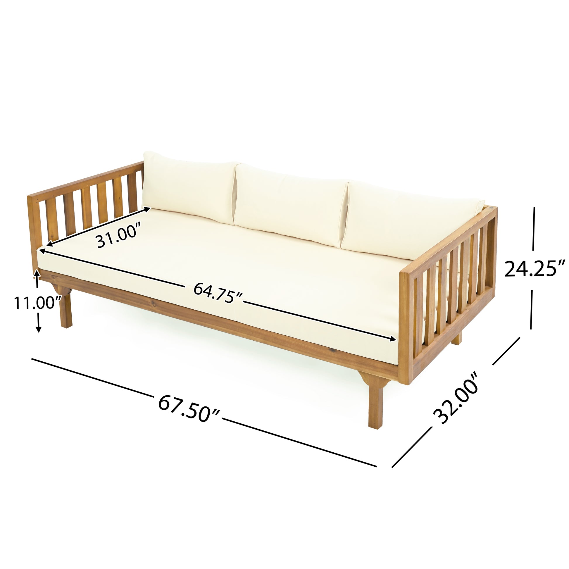 Wooden outdoor daybed with cream cushions and slatted arms