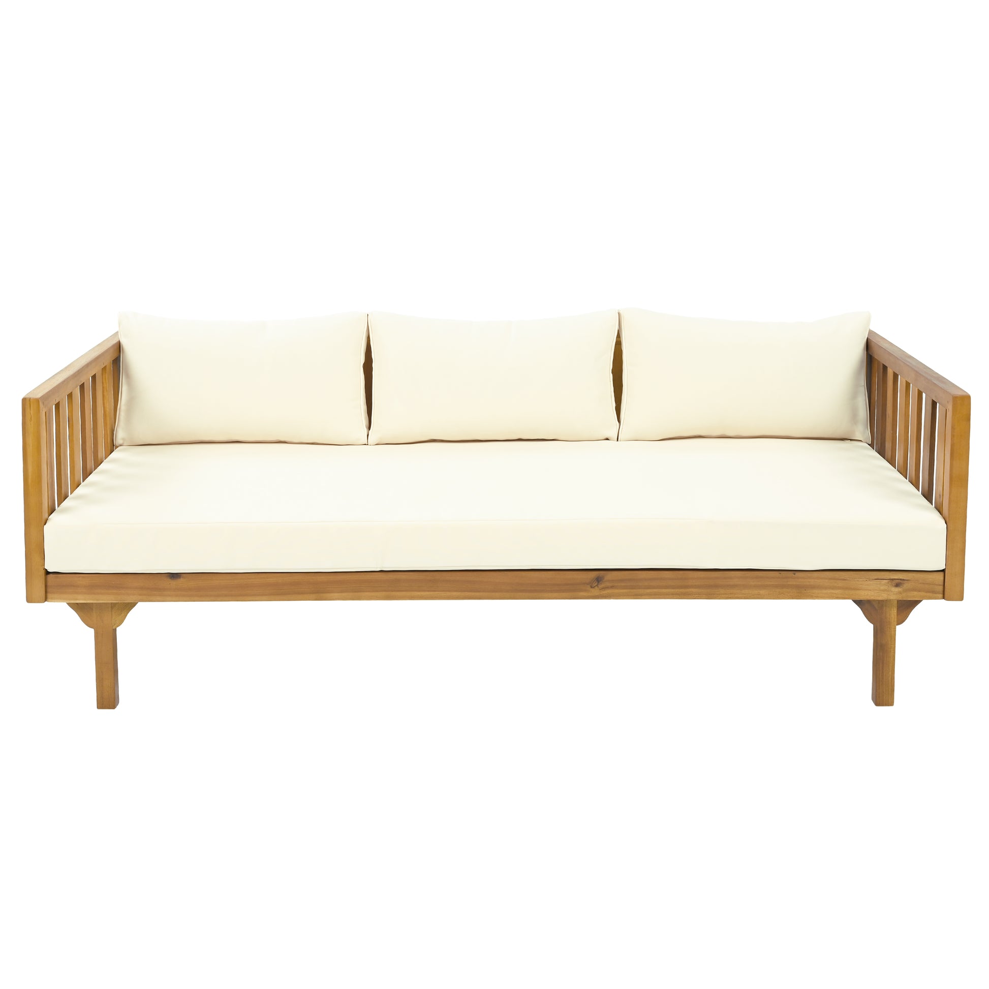 Wooden outdoor daybed with cream cushions and slatted back