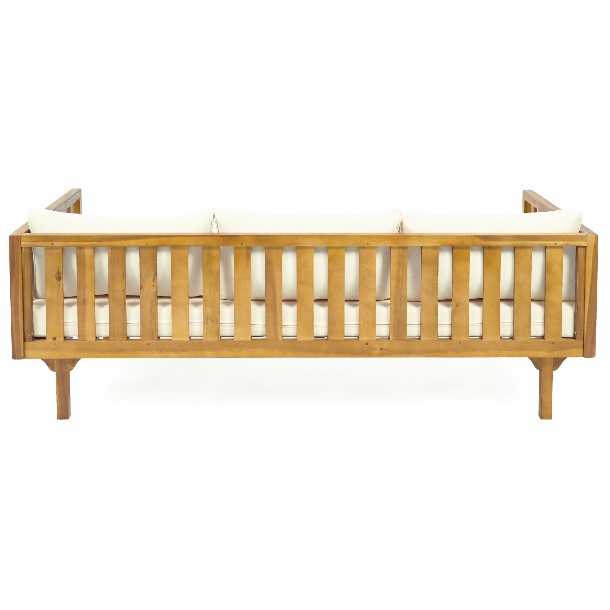 Acacia wood outdoor sofa with slatted back and cream cushions