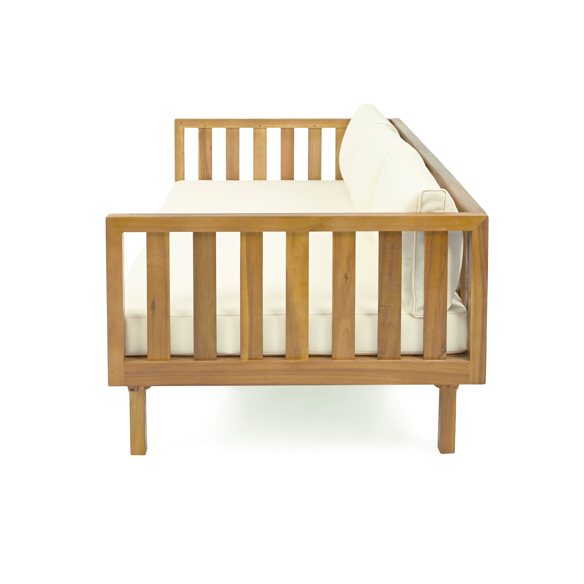 Wooden outdoor sofa with cream cushions perfect for patio relaxation