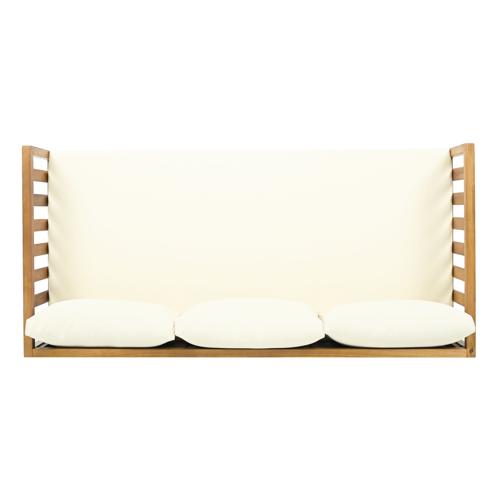 Acacia wood porch swing with three plush cream cushions and slatted back