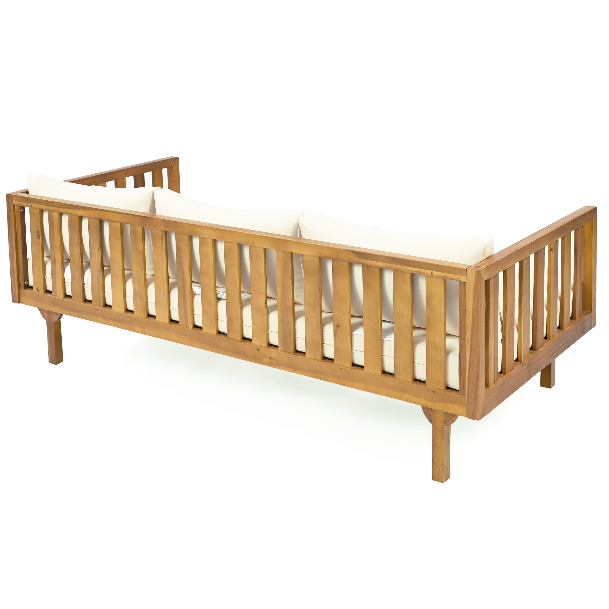 Wooden outdoor sofa with offwhite cushions and slatted arms