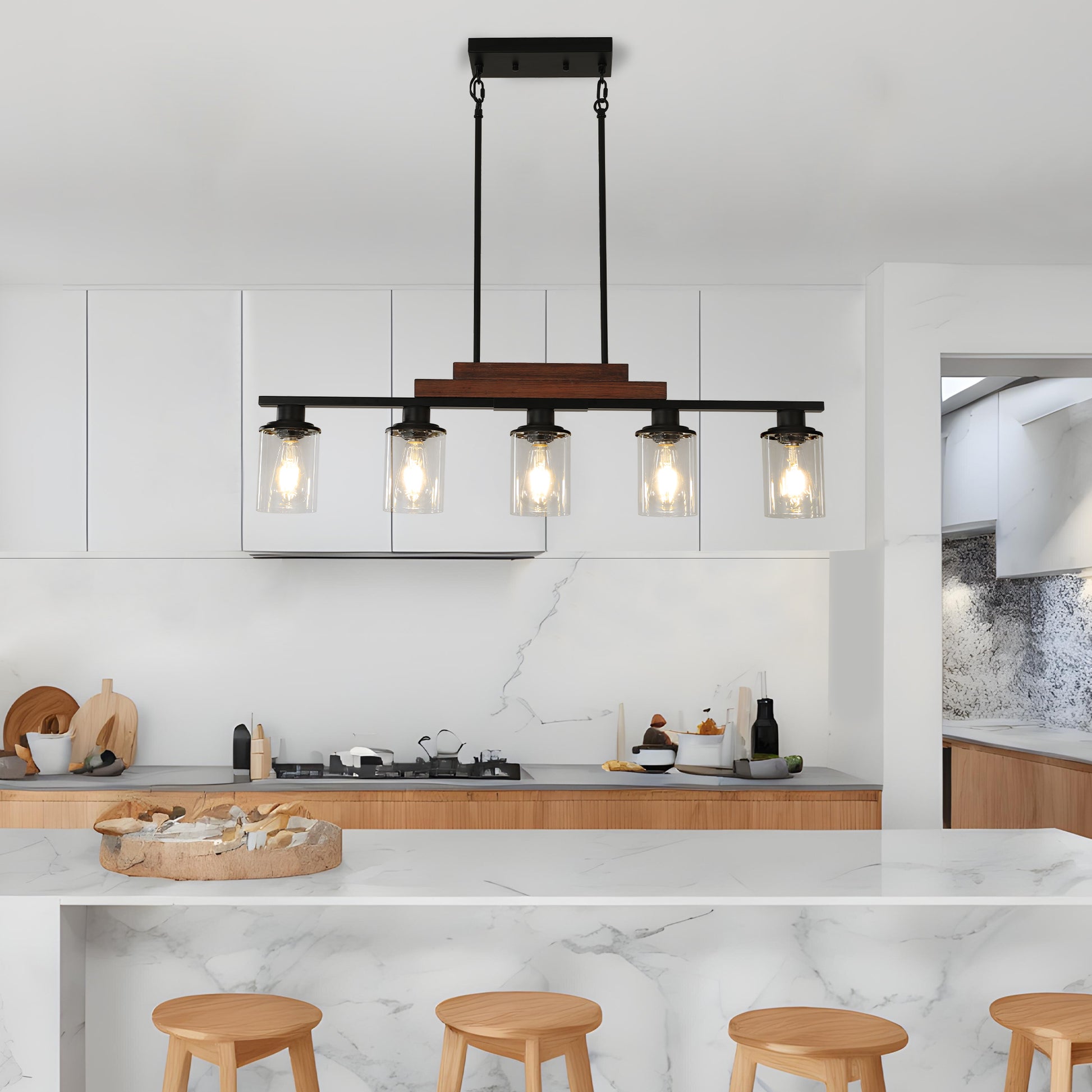 Rustic island pendant light with five clear glass shades and wood accent