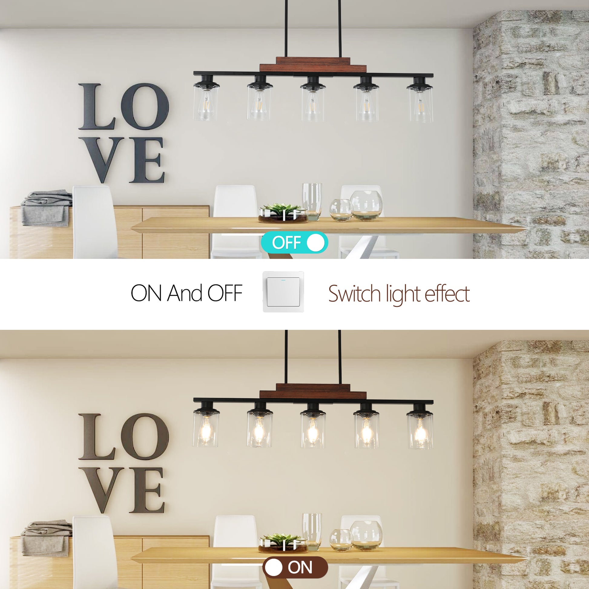 Fivelight black chandelier with wooden accents and clear glass shades above a dining table