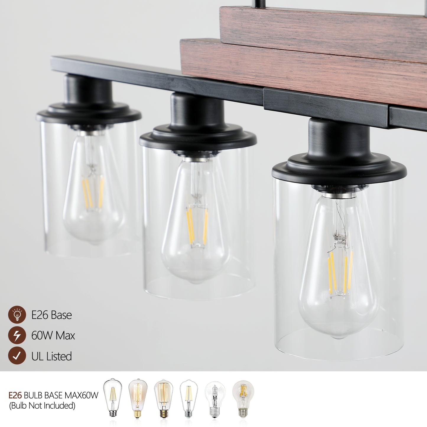 Modern farmhouse chandelier with black metal and wood accents featuring three clear glass shades