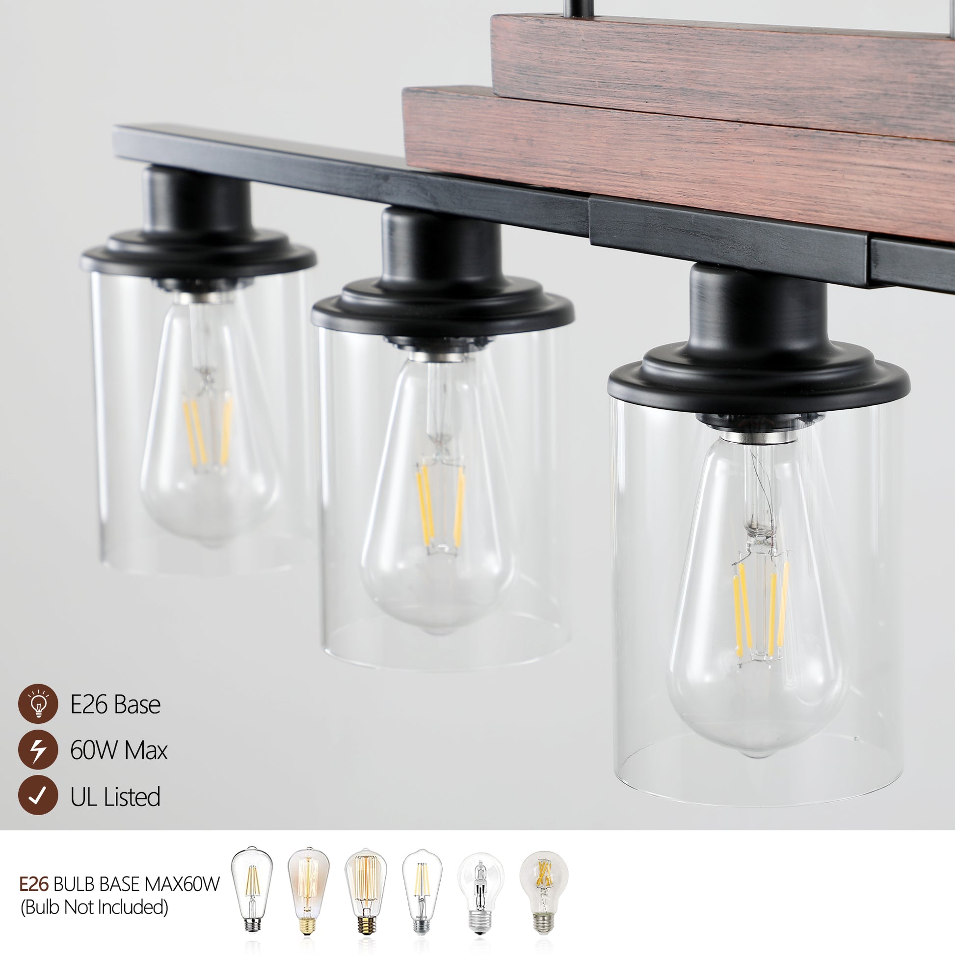 Modern farmhouse chandelier with black metal and wood accents featuring three clear glass shades