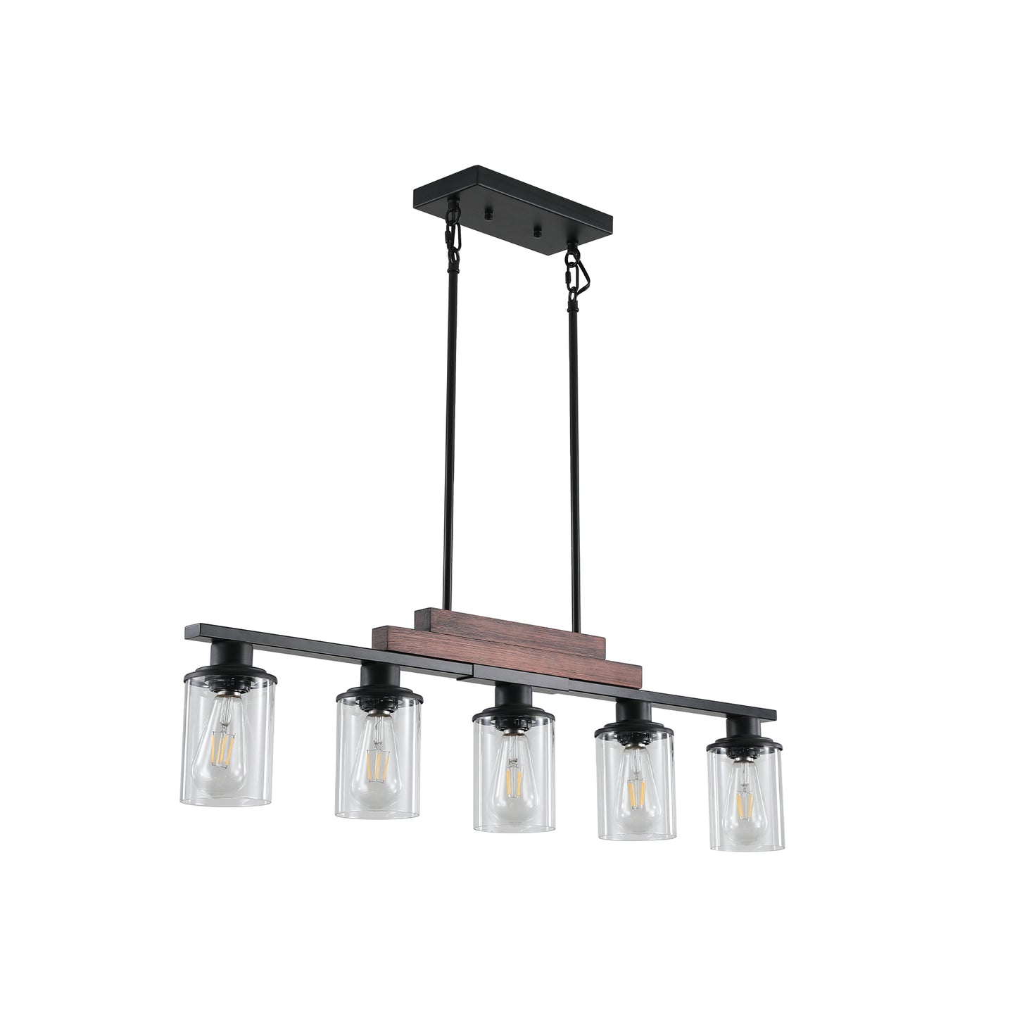 Black farmhouse chandelier with five clear glass shades and a wood accent bar