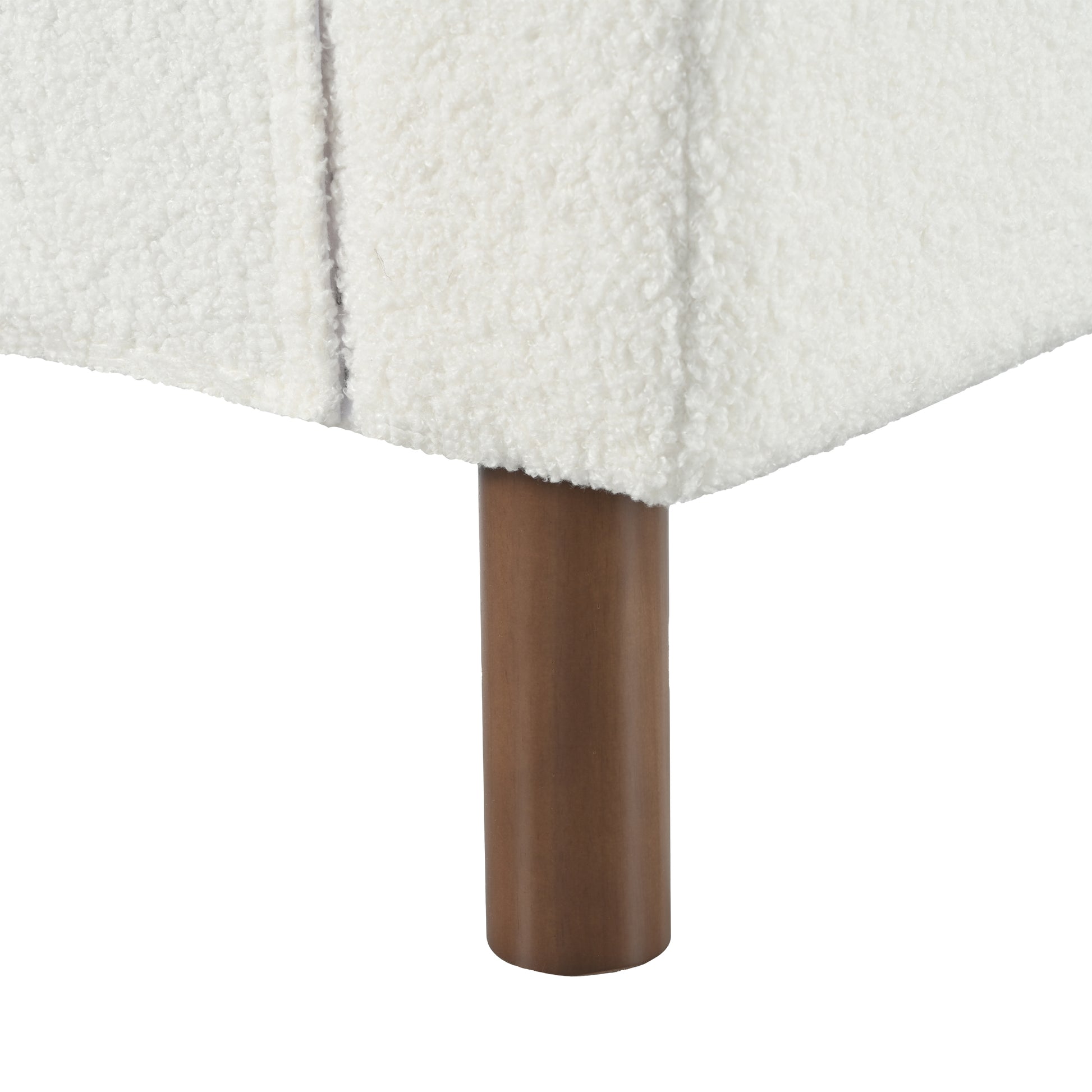 Cozy white sherpa boucle fabric sofa corner with wooden legs