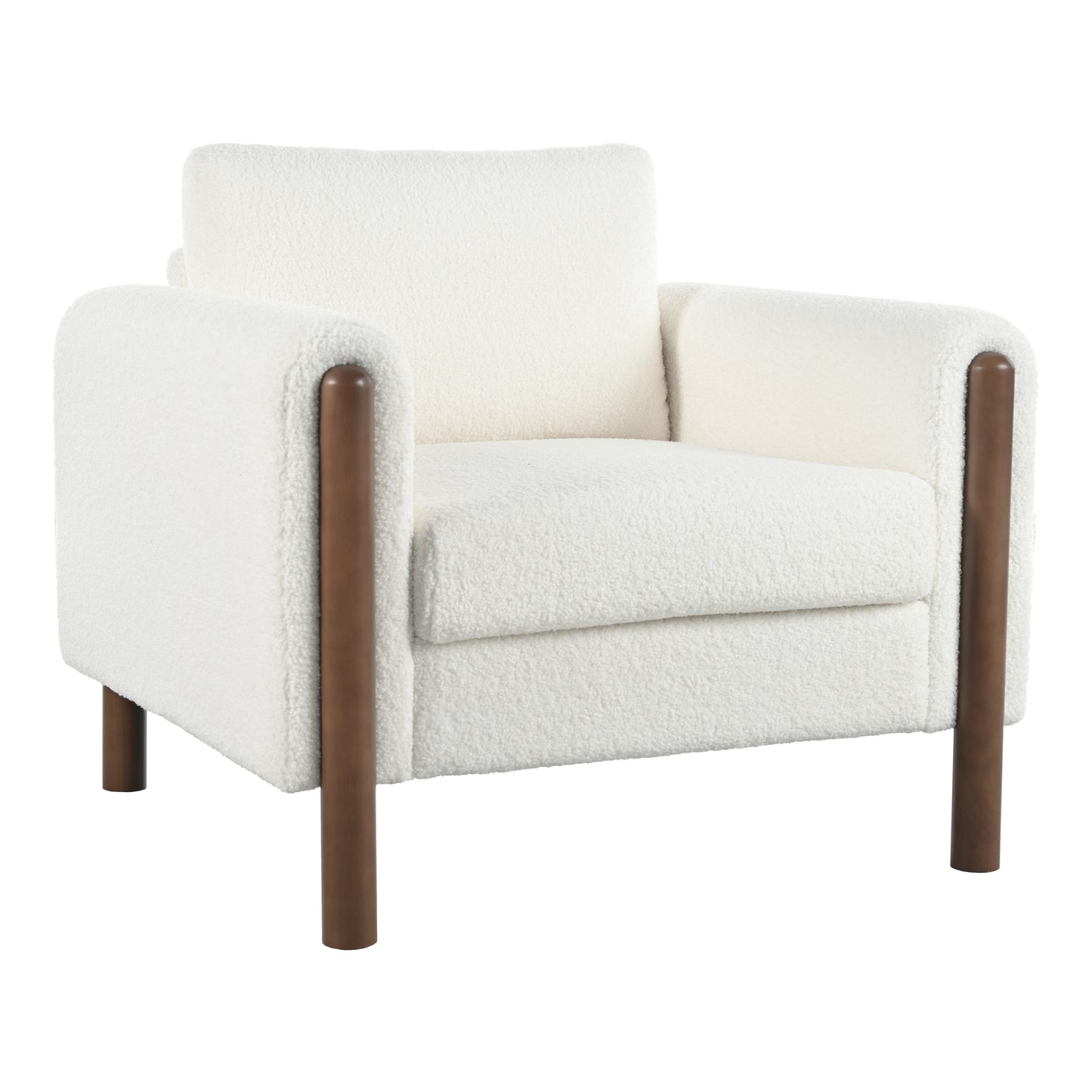 Plush white boucle armchair with natural wood accents ideal for modern living rooms