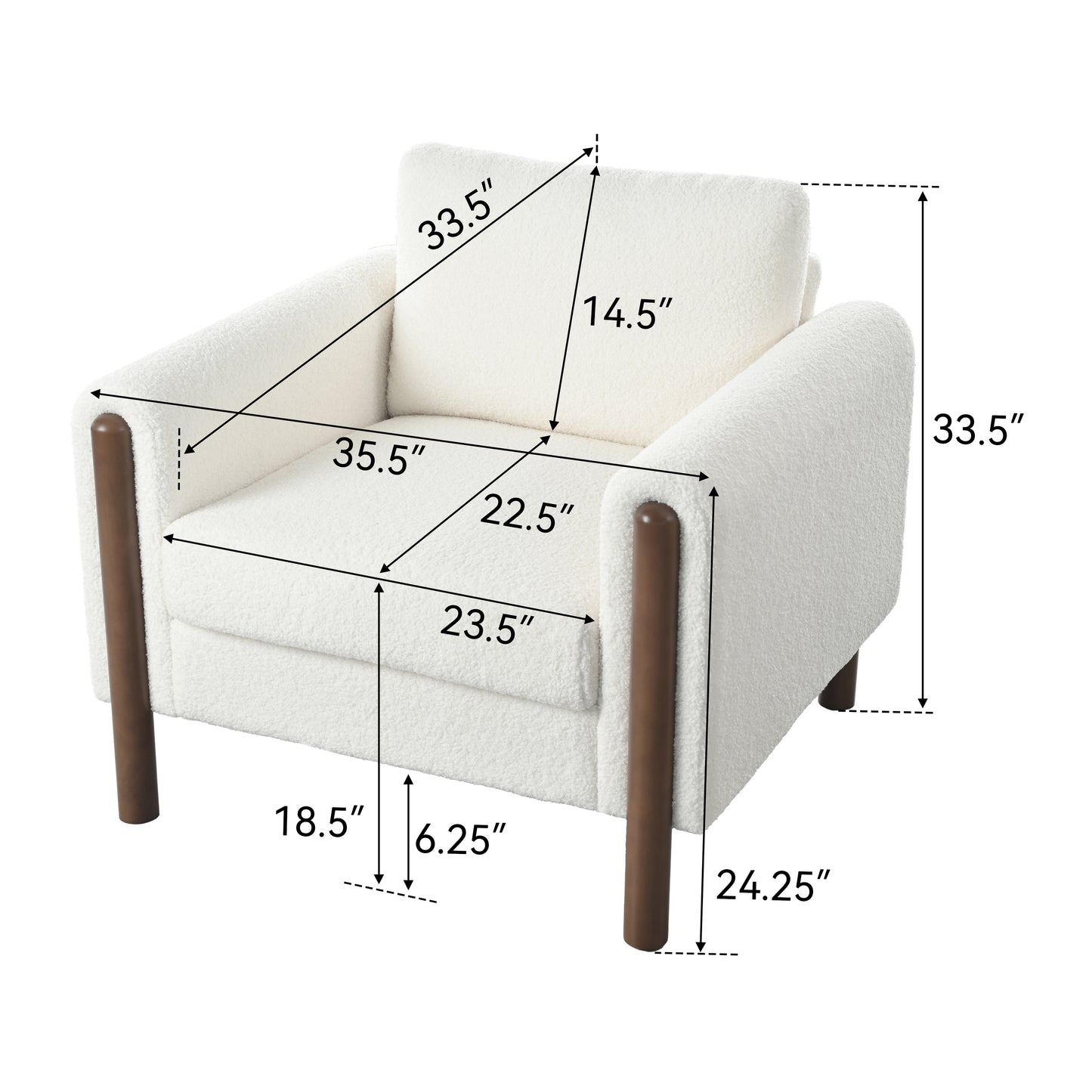 White boucle accent chair with brown wooden legs modern design