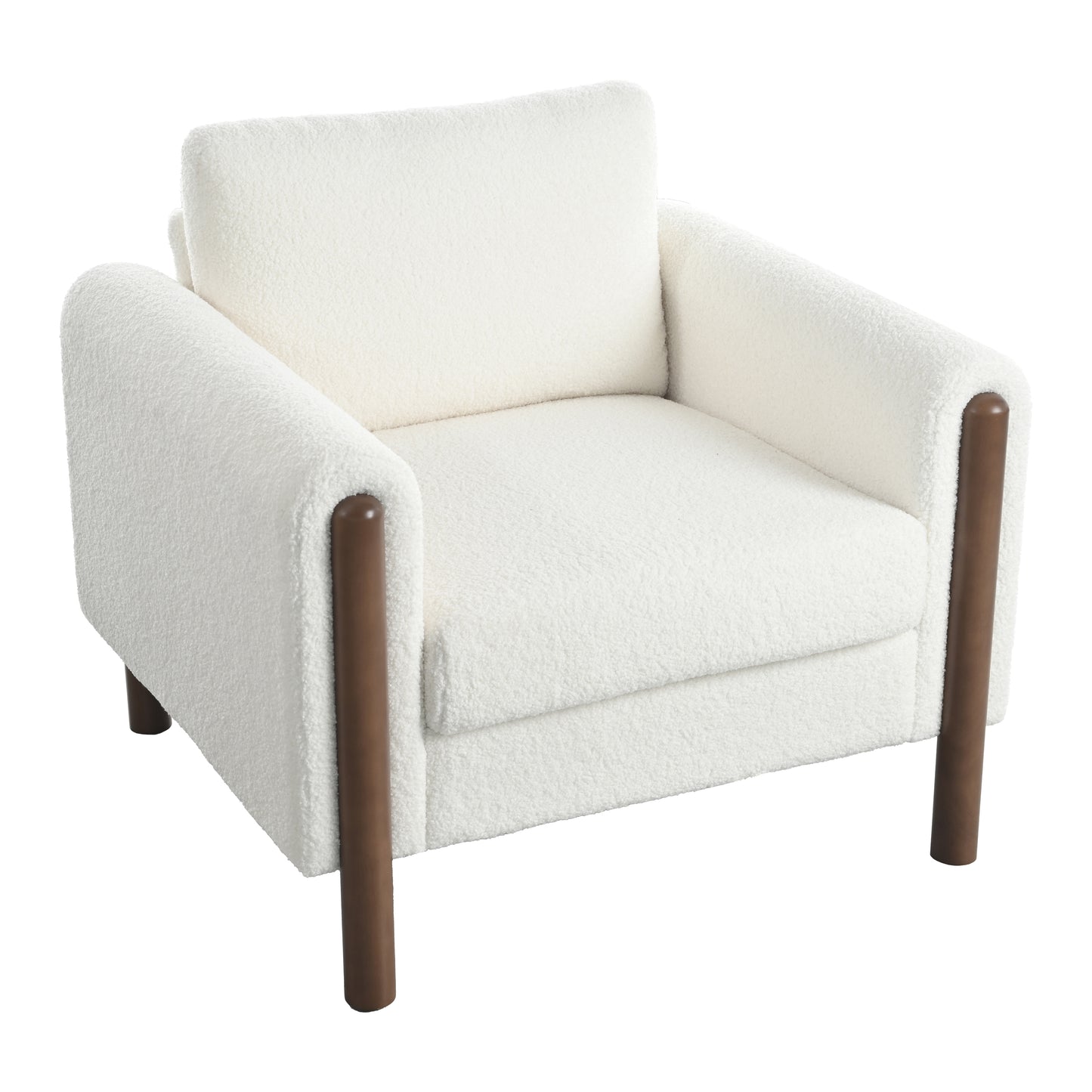 Cozy white boucle accent chair with brown wood legs perfect for a living room