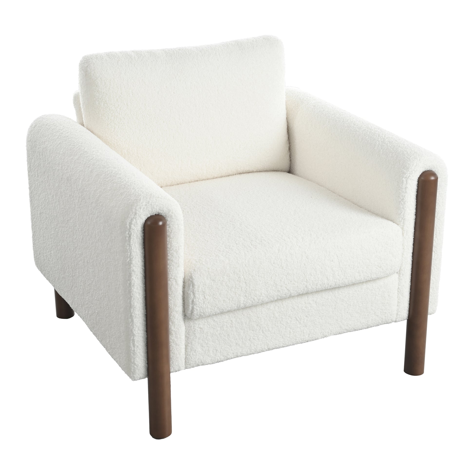 Cozy white boucle accent chair with brown wood legs perfect for a living room