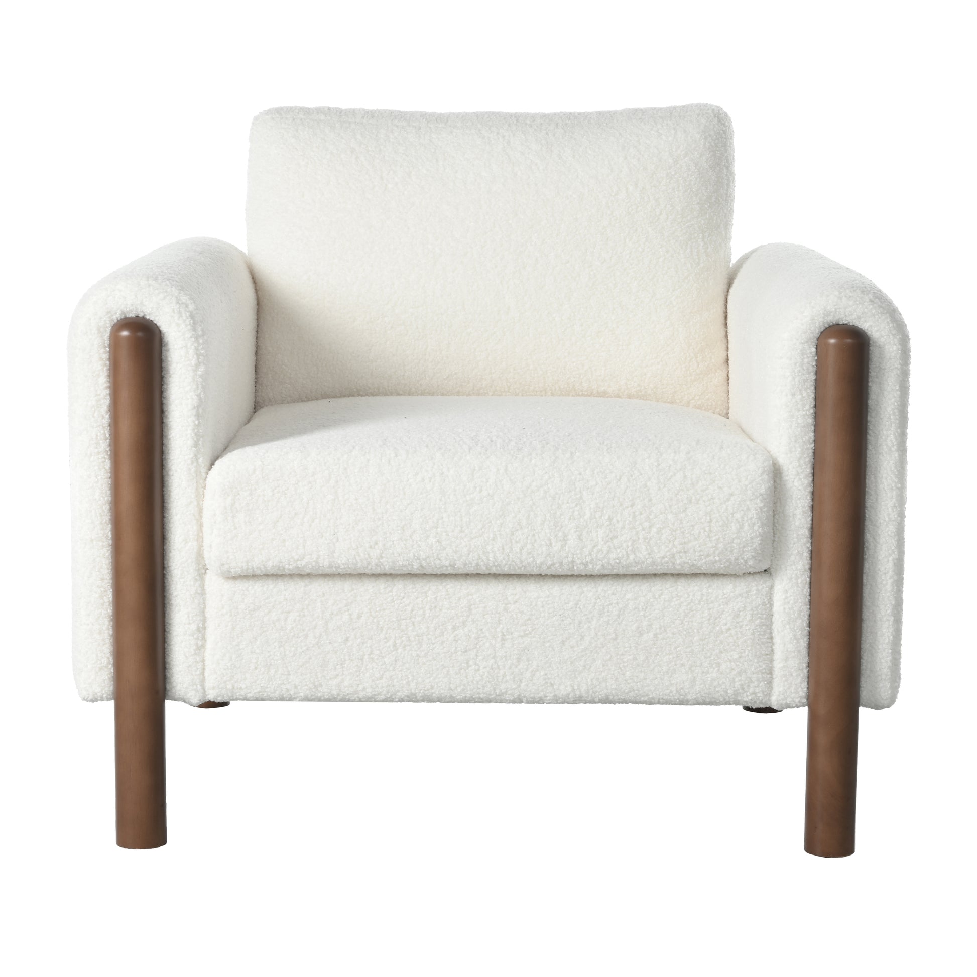 Plush cream boucl armchair with modern dark wood accents for cozy living room decor