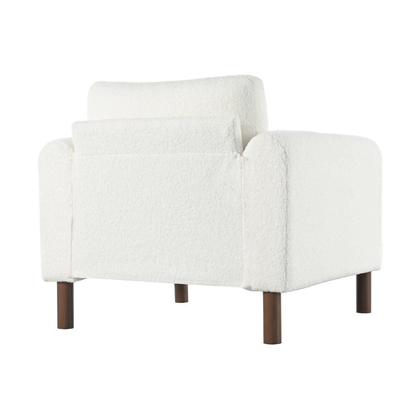 White boucle armchair with plush cushioning and dark wood legs