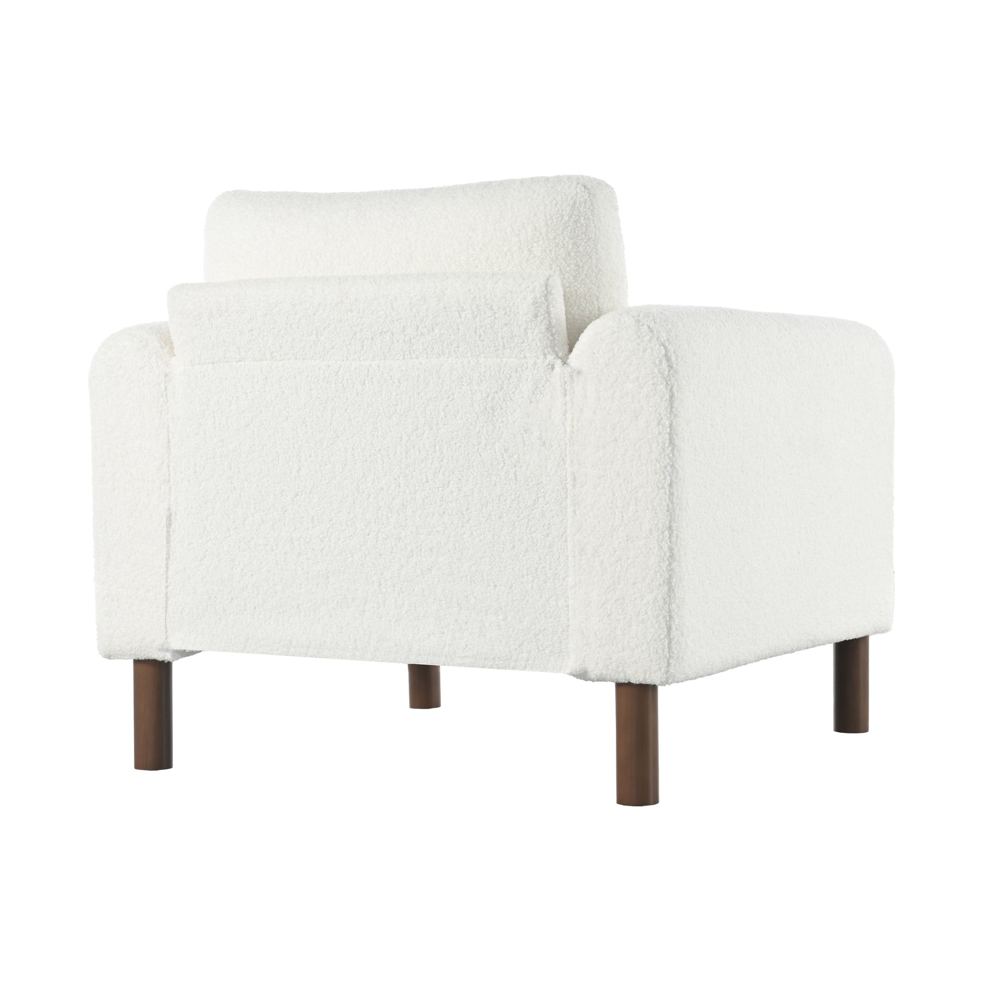 White boucle armchair with plush cushioning and dark wood legs