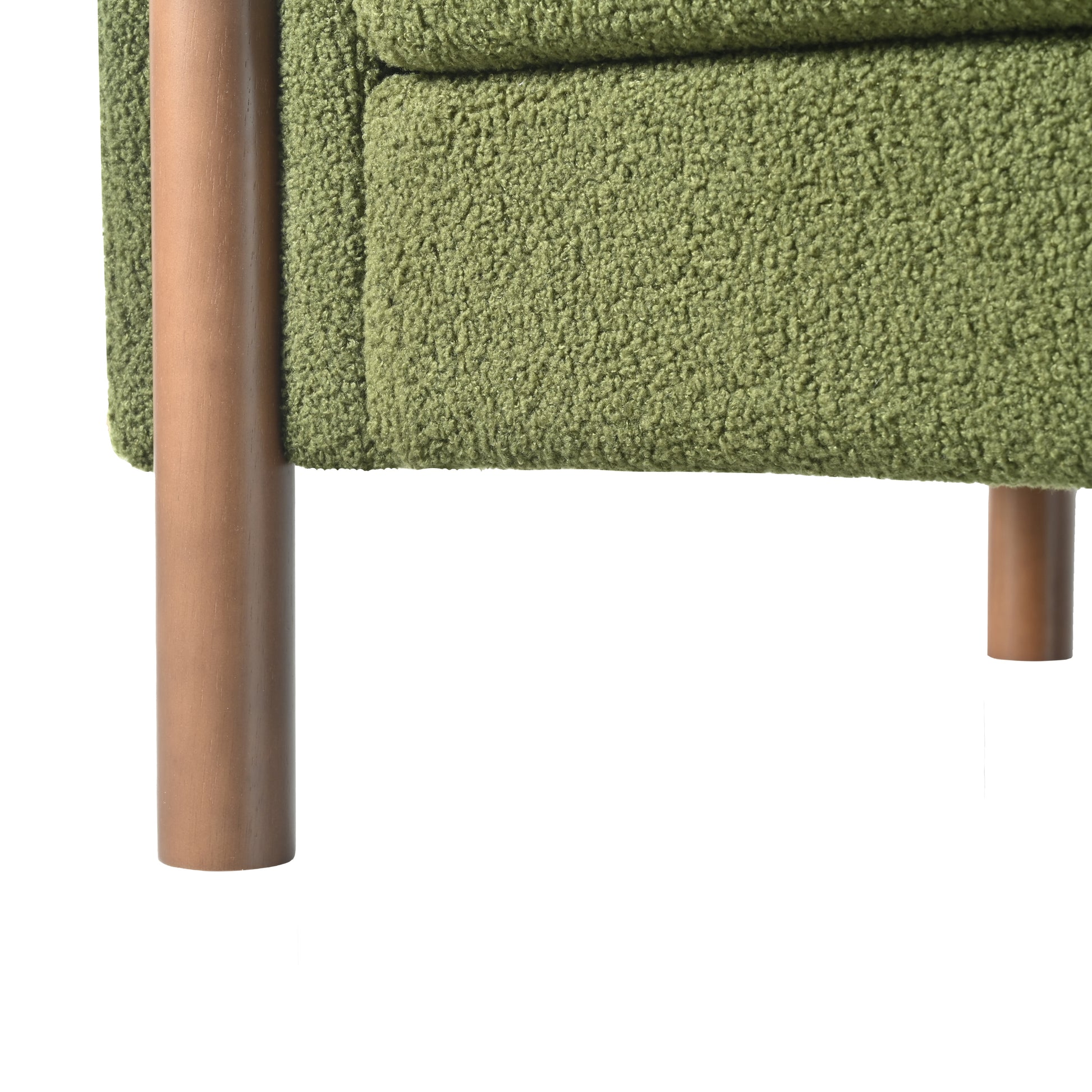 Green boucle fabric armchair with wooden legs