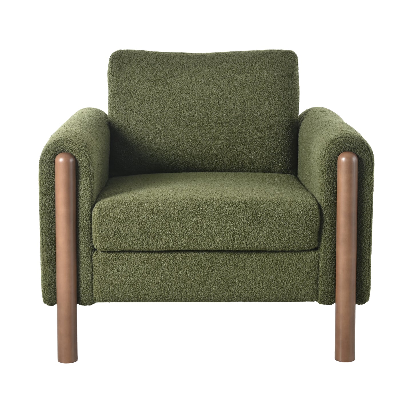Plush green armchair with rounded wooden legs perfect for a cozy living room