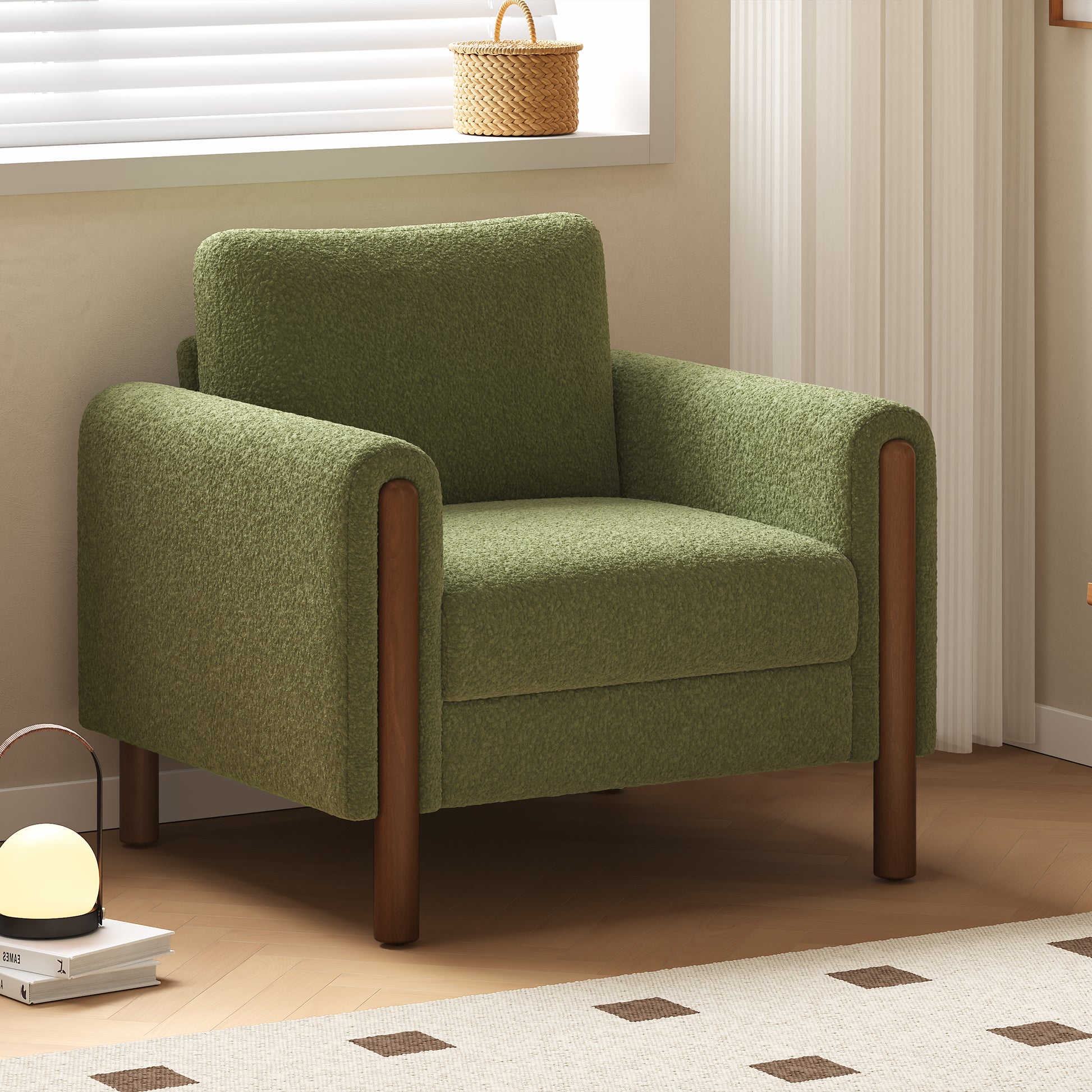 Cozy green boucle armchair with rounded arms and wooden legs for modern living spaces
