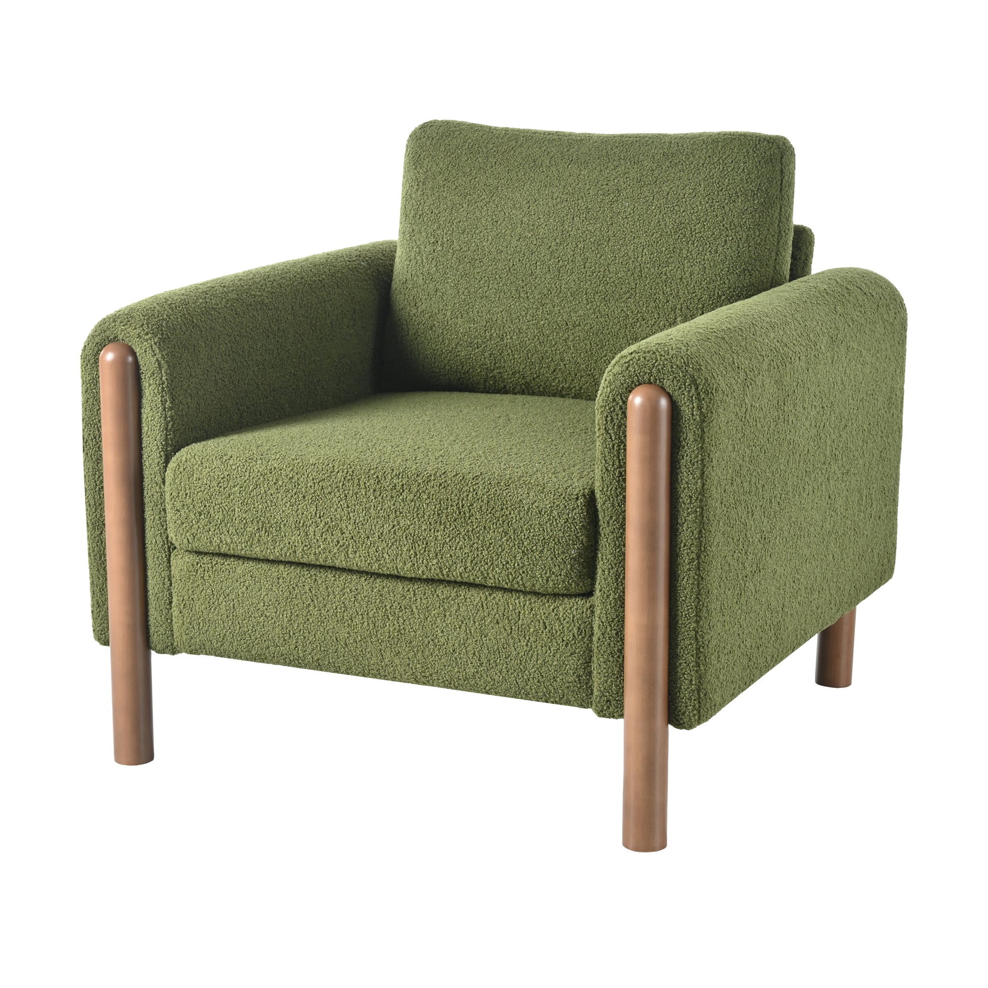 Green boucl armchair with rounded arms and wooden legs modern accent chair