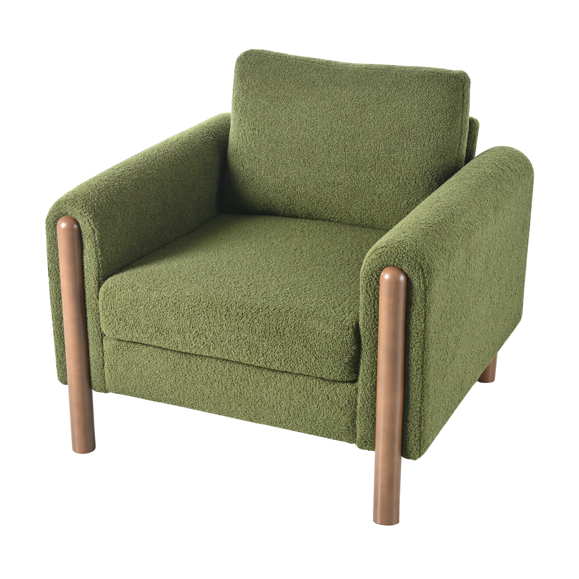 Green boucle armchair with rounded wooden legs and contemporary design