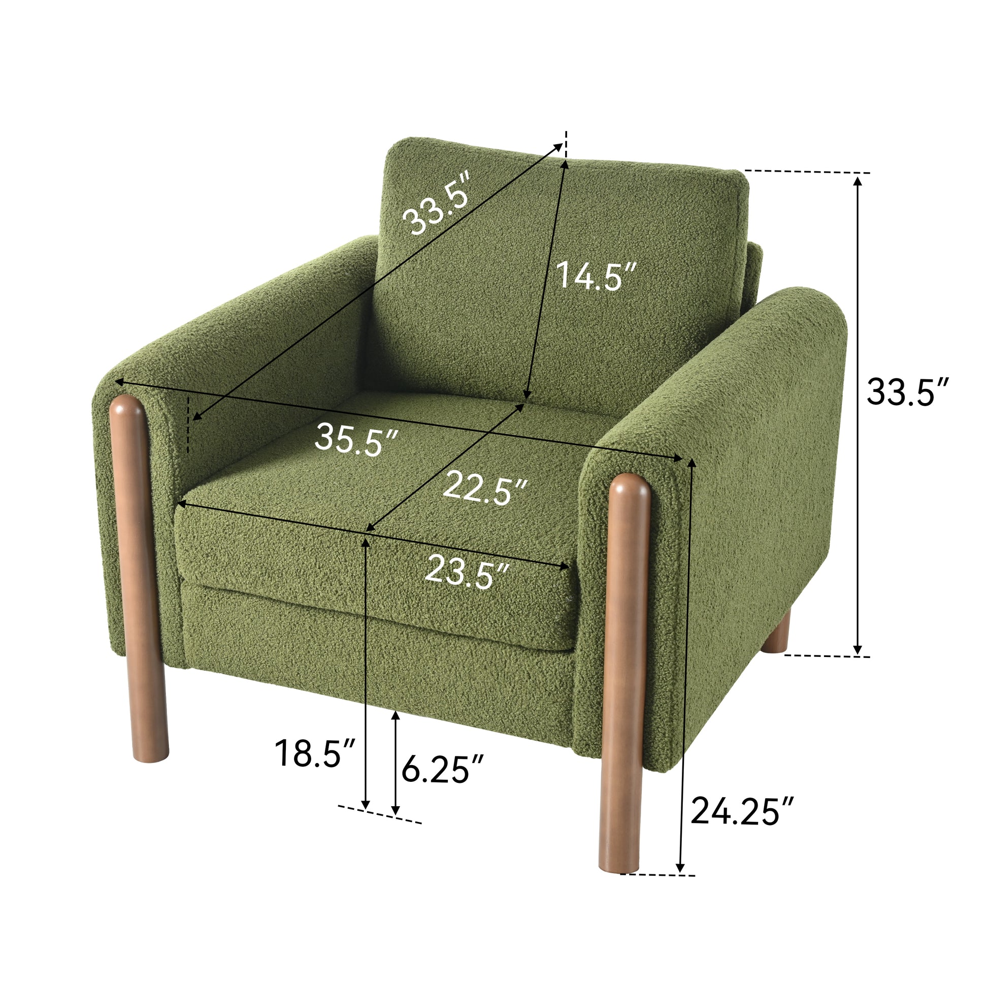 Green boucle armchair with wooden legs  wide perfect for cozy living rooms