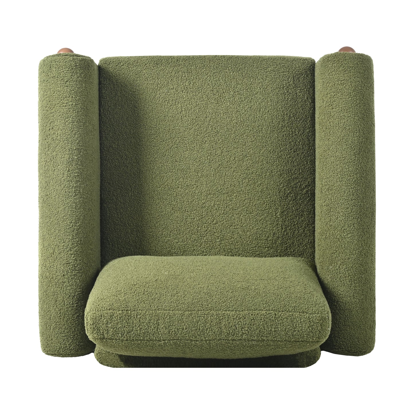 Textured green armchair with curved arms and wooden accents