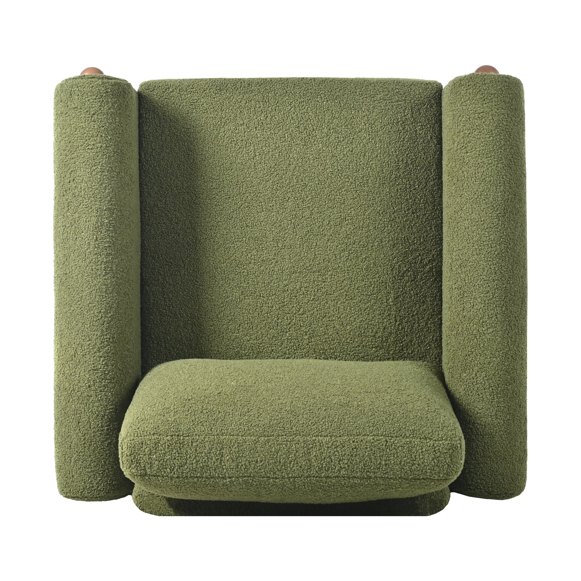 Textured green armchair with curved arms and wooden accents