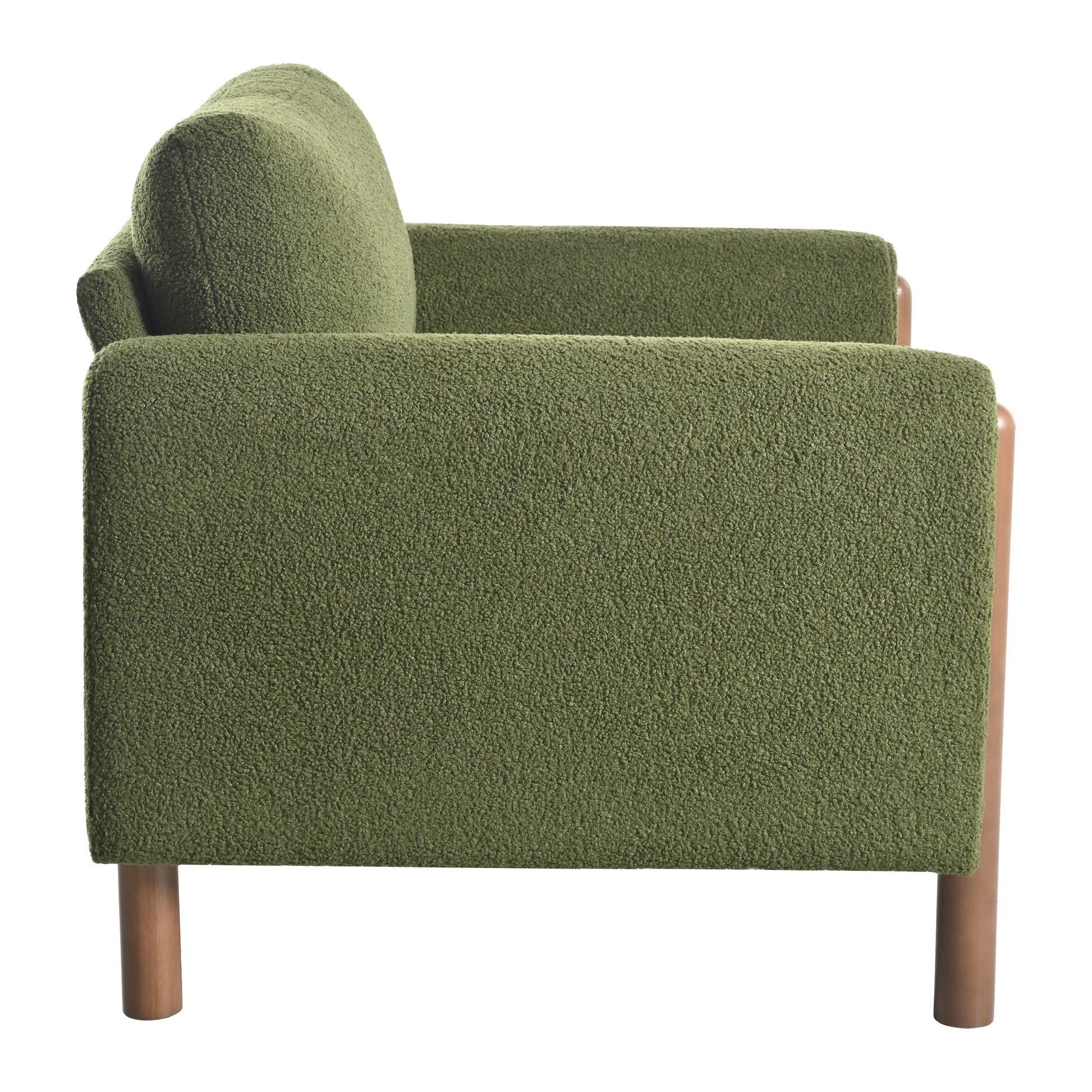 Green boucle armchair with natural wood legs perfect for modern living rooms