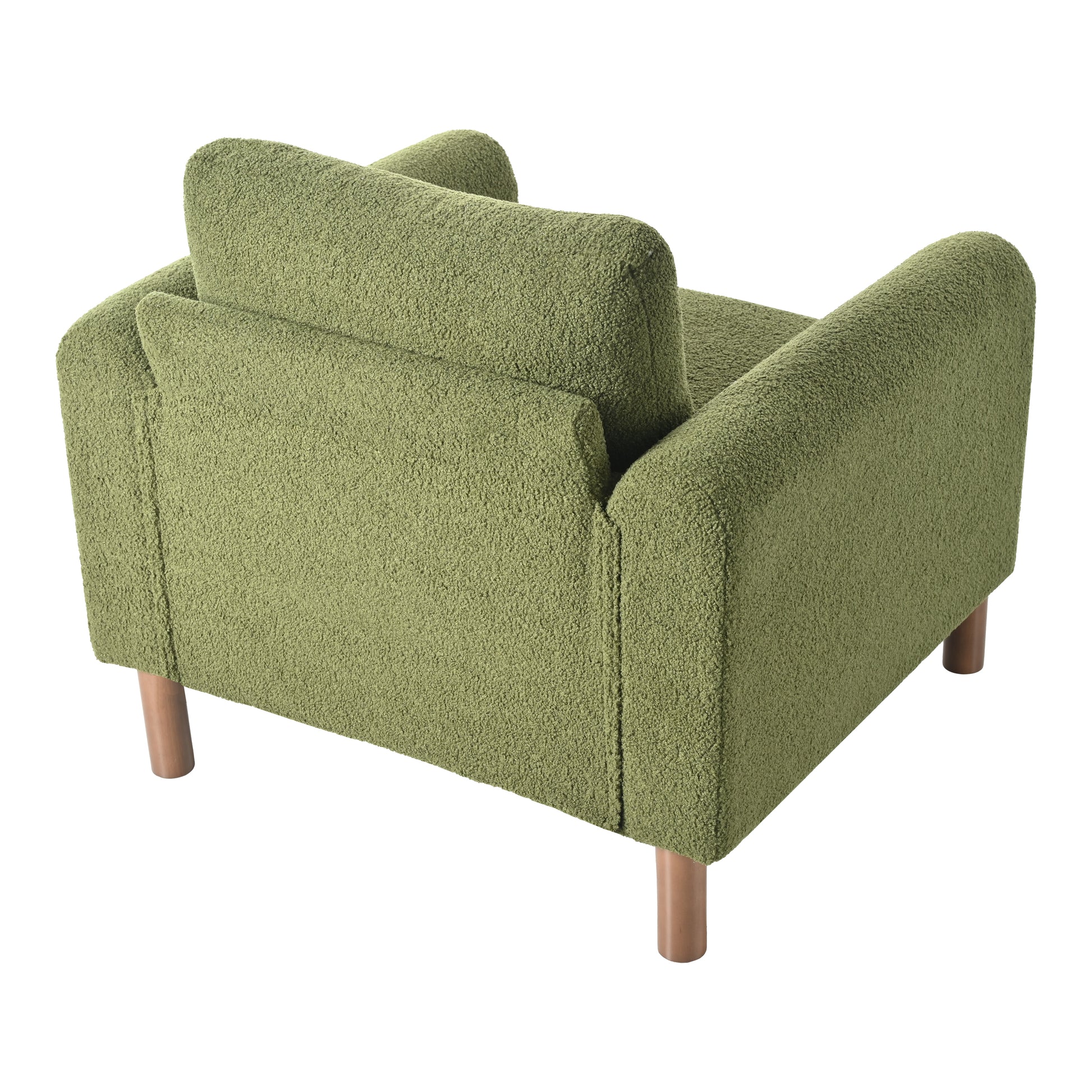 Cozy green boucle accent chair with rounded arms and wooden legs