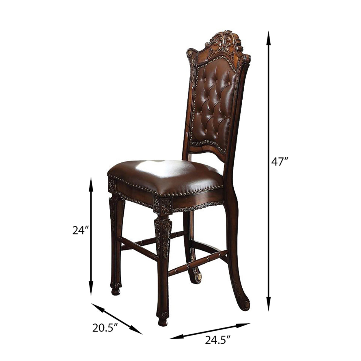 Ornate brown leather tufted counter stool with dark wood frame featuring carved details and brass nailhead trim
