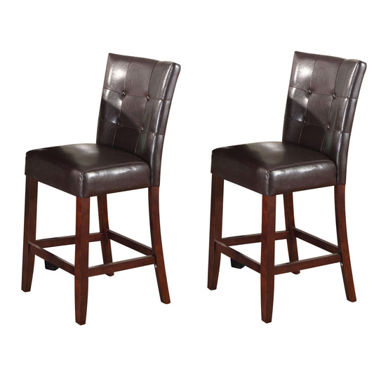Two dark brown leather tufted bar stools with wooden legs elegant dining seating